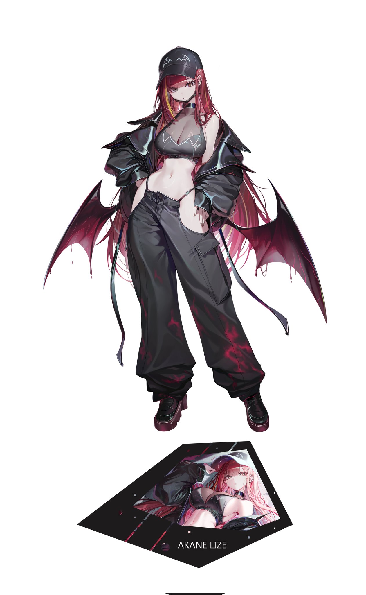 ness (pjw0168), akane lize, stellive, highres, 1girl, bare shoulders, baseball cap, black choker, black hat, black jacket, black pants, black shirt, black shoes, breasts, brown eyes, choker, cleavage, crop top, full body, hat, jacket, large breasts, long hair, looking at viewer, low wings, mask, mask pull, midriff, mole, mole under eye, mouth mask, multicolored hair, navel, off shoulder, pants, red hair, see-through cleavage, see-through clothes, shirt, shoes, simple background, sleeveless, sleeveless shirt, solo, stomach, streaked hair, very long hair, virtual youtuber, white background, wings