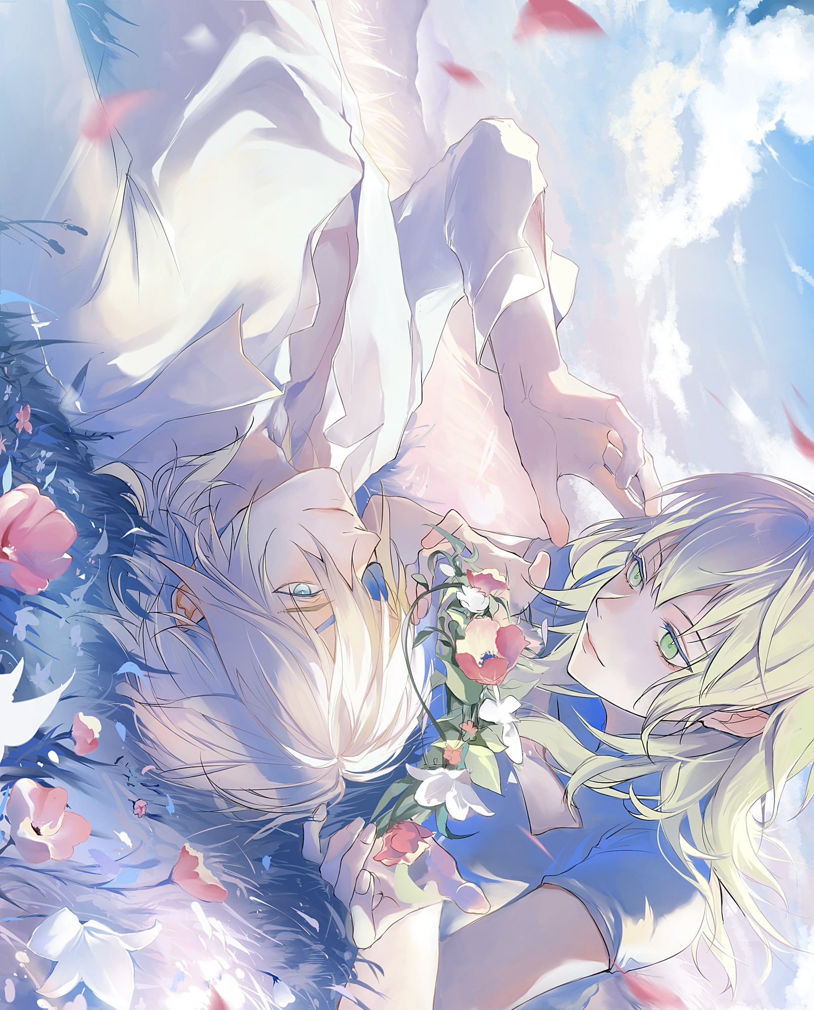 zat 296, dimitri alexandre blaiddyd, dimitri alexandre blaiddyd (timeskip), female byleth (awakened) (fire emblem), female byleth (fire emblem), fire emblem, fire emblem: three houses, nintendo, highres, 1boy, 1girl, alternate hair color, black shirt, blonde hair, blue eyes, blue sky, breasts, cleavage cutout, closed mouth, clothing cutout, cloud, eyepatch, flower, grass, green eyes, green hair, hair between eyes, head wreath, large breasts, long hair, looking at another, lying, on back, one eye covered, outdoors, shirt, sky, smile, white shirt