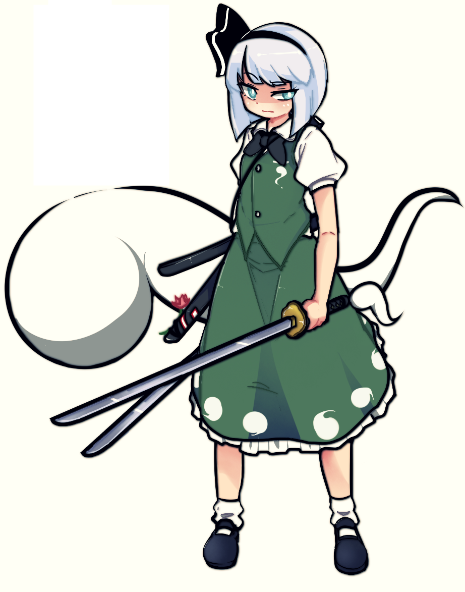 dagger131134 (kama astor), konpaku youmu, konpaku youmu (ghost), touhou, 1girl, black bow, black bowtie, black hairband, bow, bowtie, closed mouth, ghost, green eyes, green skirt, green vest, grey hair, hairband, hitodama, hitodama print, katana, scabbard, sheath, shirt, short hair, skirt, skirt set, sword, vest, weapon, white background, white hair