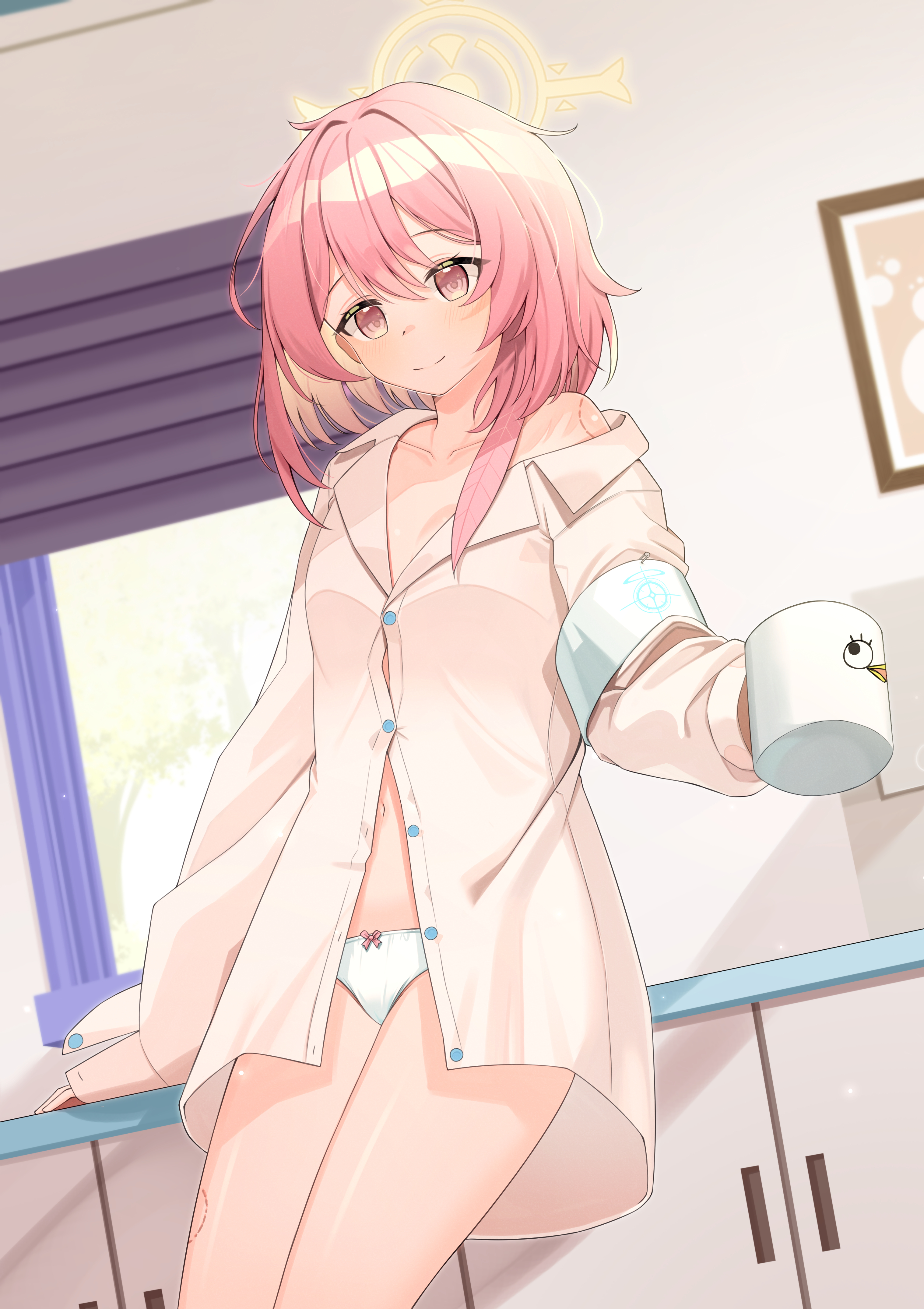 ridario (eag0003), serina (blue archive), blue archive, absurdres, highres, 1girl, alternate costume, bite mark, bite mark on shoulder, bite mark on thigh, breasts, collarbone, cup, feather hair, halo, holding, holding cup, looking at viewer, no pants, oversized clothes, oversized shirt, panties, pink eyes, pink hair, shirt, small breasts, smile, solo, underwear, white panties