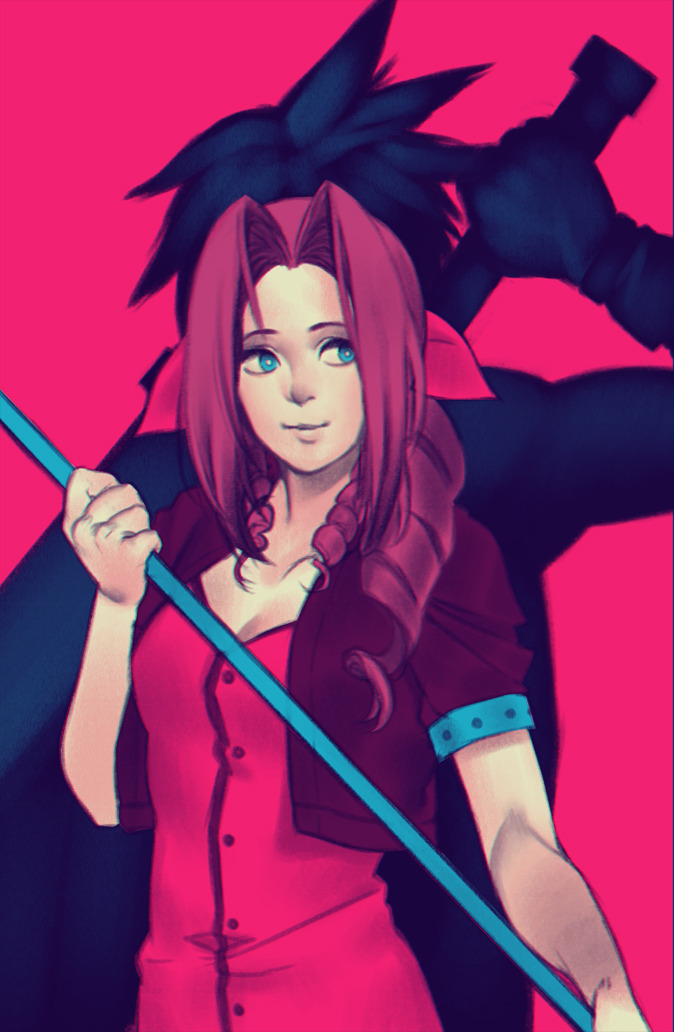 hollyfig, aerith gainsborough, cloud strife, final fantasy, final fantasy vii, 1boy, 1girl, back-to-back, braid, braided ponytail, breasts, buster sword, buttons, cleavage, closed mouth, cropped jacket, dress, fighting stance, gloves, green eyes, hair over shoulder, hair ribbon, holding, holding staff, jacket, light smile, long hair, medium breasts, muscular, muscular male, parted bangs, pink background, pink dress, pink ribbon, red jacket, ribbon, short hair, short sleeves, sidelocks, single bare shoulder, single braid, spiked hair, staff, sword, sword on back, upper body, weapon, weapon on back