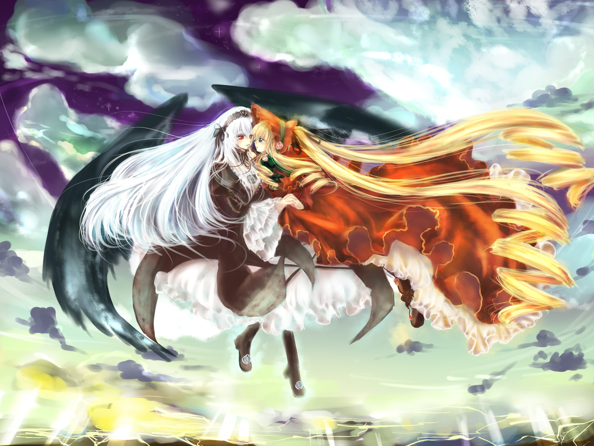 gallopwind, shinku, suigintou, yuki hikari, rozen maiden, silver hair, highres, 00s, 2girls, blonde hair, blue eyes, bonnet, choker, curly hair, dress, drill hair, flower, flying, frills, gothic lolita, hair ornament, hairband, lolita fashion, long hair, midair, multiple girls, red eyes, rose, twintails, very long hair, wings, yuri