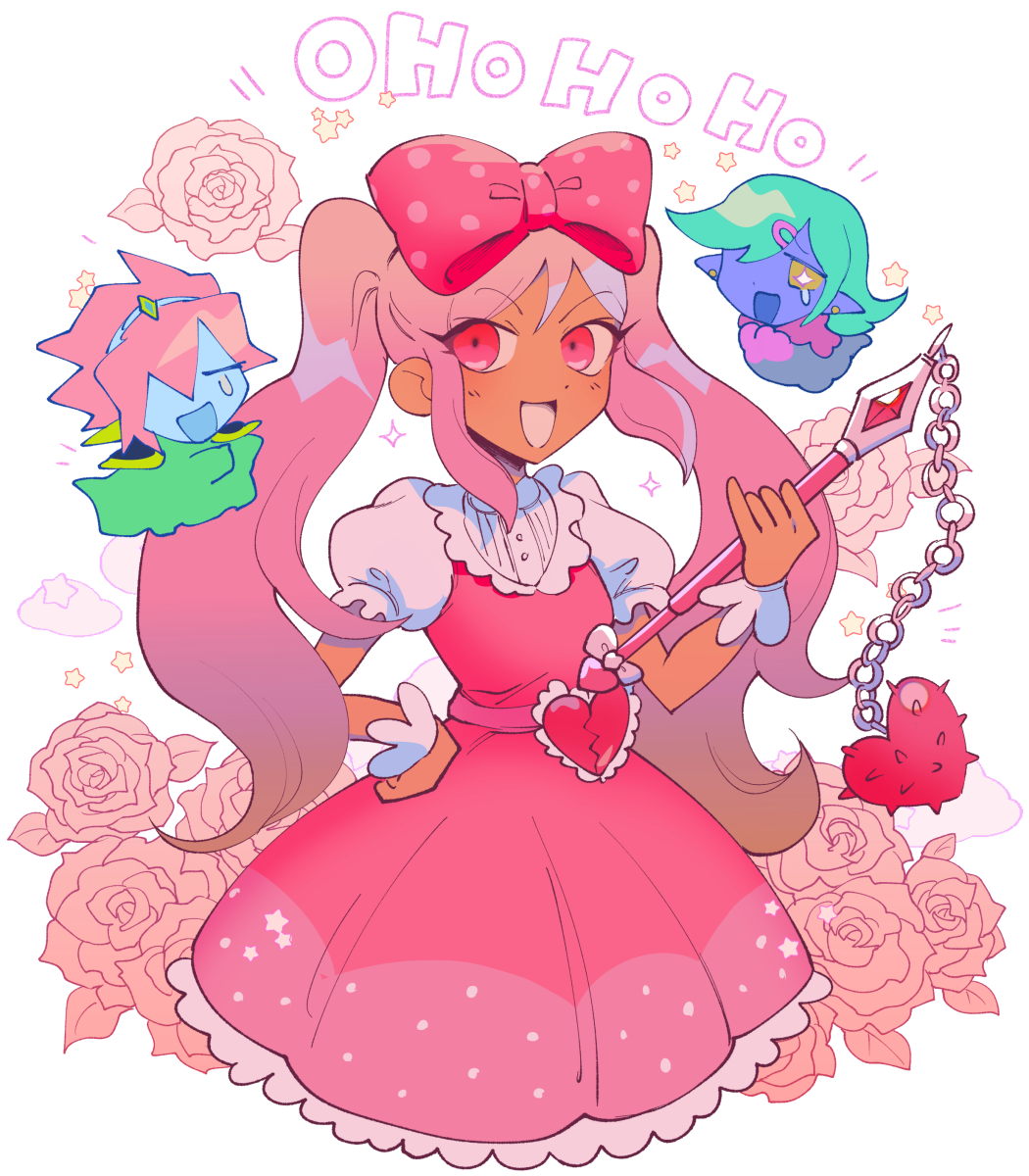 g tsurius, captain spaceboy, rococo (omori), sweetheart (omori), omori, highres, + +, 1girl, 2boys, blue skin, bow, brown eyes, chibi, closed eyes, colored skin, double-parted bangs, dress, earrings, flail, flower, green hair, hair between eyes, hair bow, hair ornament, hairclip, hand on own hip, holding flail, jewelry, long hair, looking at viewer, multiple boys, open mouth, pink bow, pink dress, pink eyes, pink hair, pointy ears, polka dot, polka dot bow, puffy short sleeves, puffy sleeves, purple skin, rose, short hair, short sleeves, smile, swept bangs, twintails, weapon