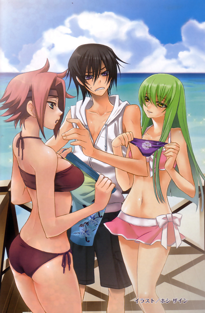 c.c., kouzuki kallen, lelouch vi britannia, code geass, artist request, 00s, 1boy, 2girls, beach, bikini, black hair, black male swimwear, black swim trunks, day, feet out of frame, floral print, green hair, holding, holding panties, holding underwear, holding unworn clothes, hood, hoodie, long hair, male swimwear, multiple girls, outdoors, panties, pink bikini, pink hair, print panties, print underwear, purple bikini, rose print, short hair, swim trunks, swimsuit, underwear, white hoodie, yellow eyes