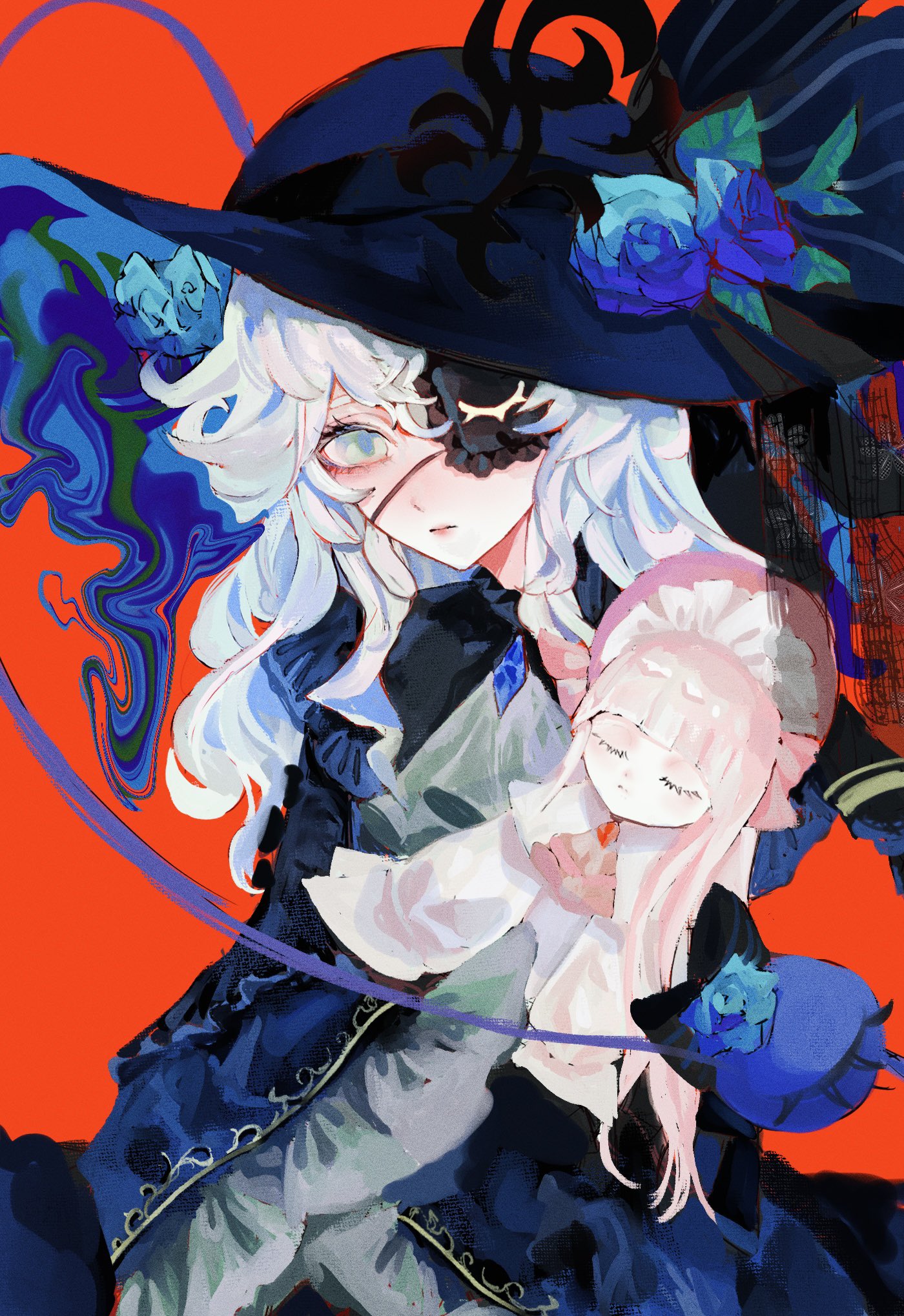 mashi (pixiv zcjd2538), komeiji koishi, touhou, commentary, highres, 1girl, alternate color, alternate costume, black dress, blue flower, blue rose, closed eyes, closed mouth, doll, dress, expressionless, eyepatch, flower, green eyes, hat, holding, holding doll, long sleeves, red background, rose, solo, third eye, white hair