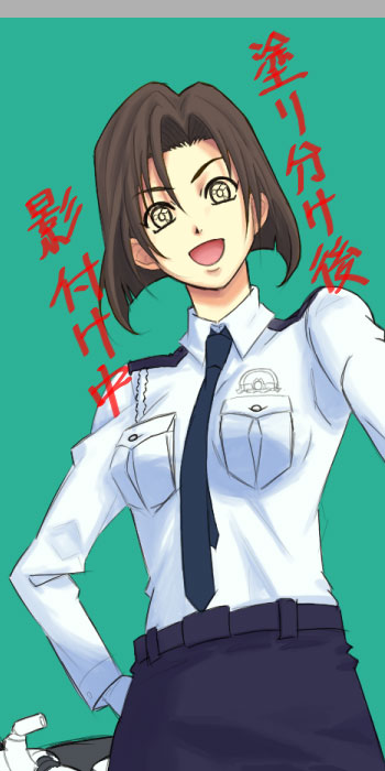 kazunari, tsujimoto natsumi, taiho shichauzo, >:d, 1girl, :d, blue skirt, brown hair, collarbone, dress shirt, female focus, gloves, long sleeves, looking back, open mouth, pocket, shirt, skirt, smile, solo, v-shaped eyebrows, white gloves, white shirt, yellow eyes