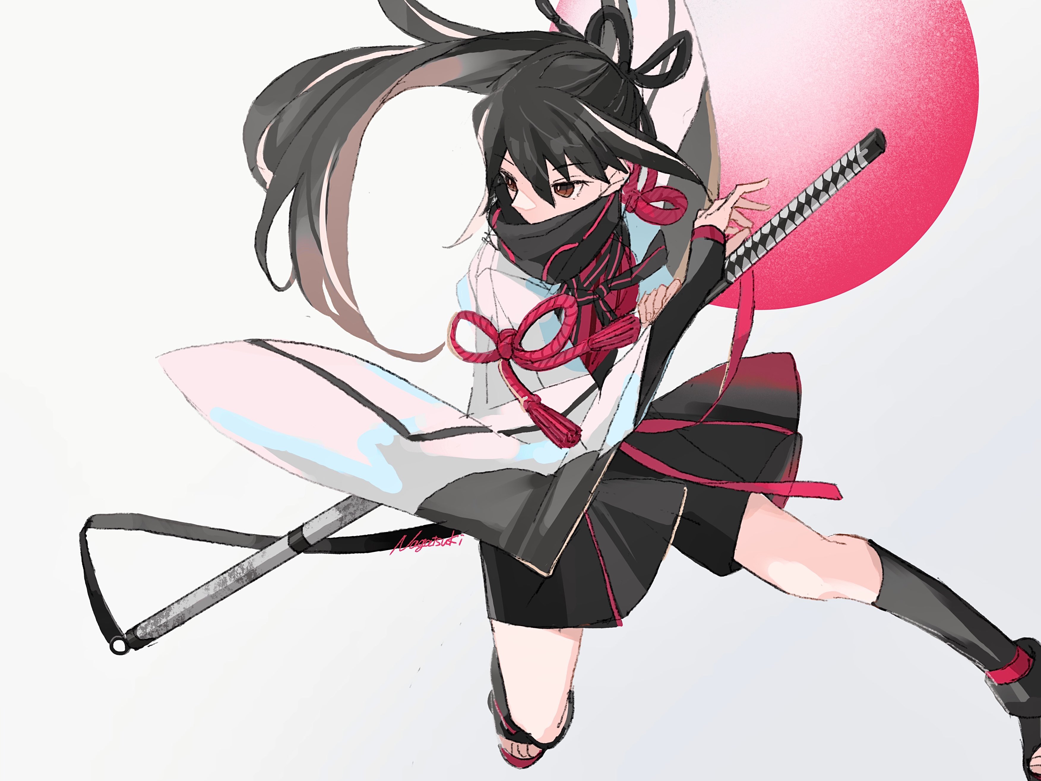nagatsuki (huwamo9 8ku), fate/grand order, fate (series), absurdres, highres, 1girl, black eyes, black hair, holding, holding sword, holding weapon, japanese clothes, kawakami gensai (fate), long hair, multicolored hair, ponytail, solo, sword, weapon, white hair