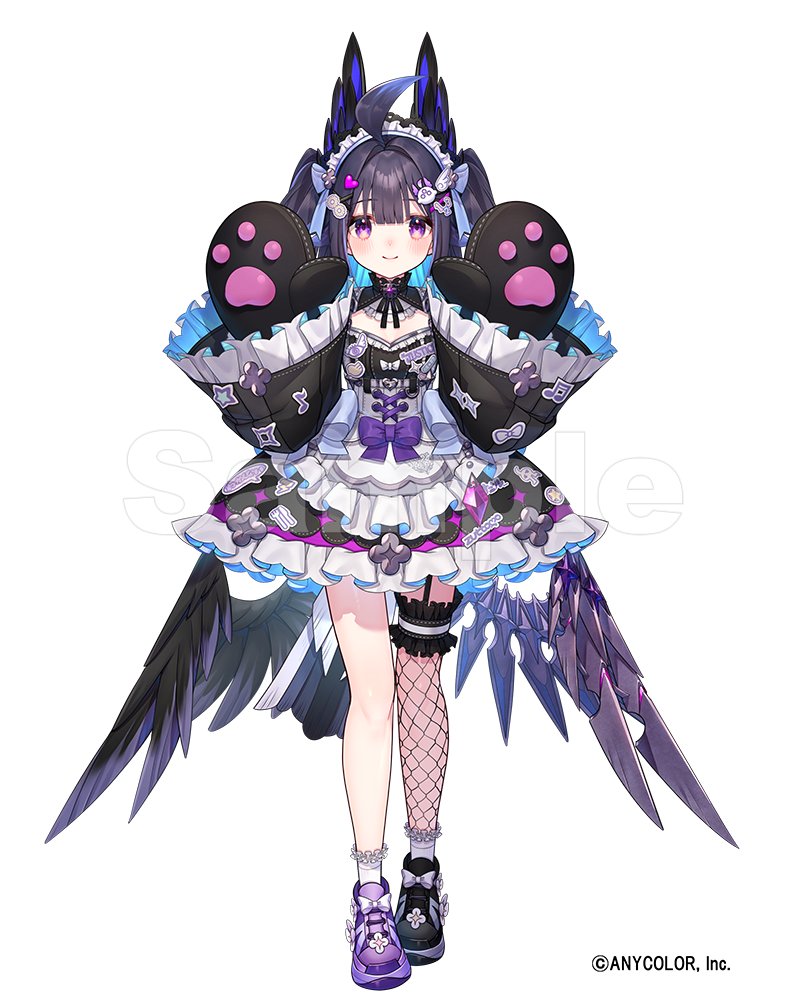kt. (kaisou-notagui), enna alouette, nijisanji, nijisanji en, official art, 1girl, ahoge, bird tail, black dress, blue hair, blush, copyright notice, decora, dress, enna alouette (decora), fishnet thighhighs, fishnets, frilled dress, frills, full body, garter straps, hands up, head wings, long hair, looking at viewer, low wings, maid, maid headdress, mittens, official alternate hair color, purple eyes, purple hair, sample watermark, shoes, simple background, single garter strap, single thighhigh, sneakers, solo, sticker, tachi-e, tail, thighhighs, too many stickers, twintails, virtual youtuber, watermark, white background, wings
