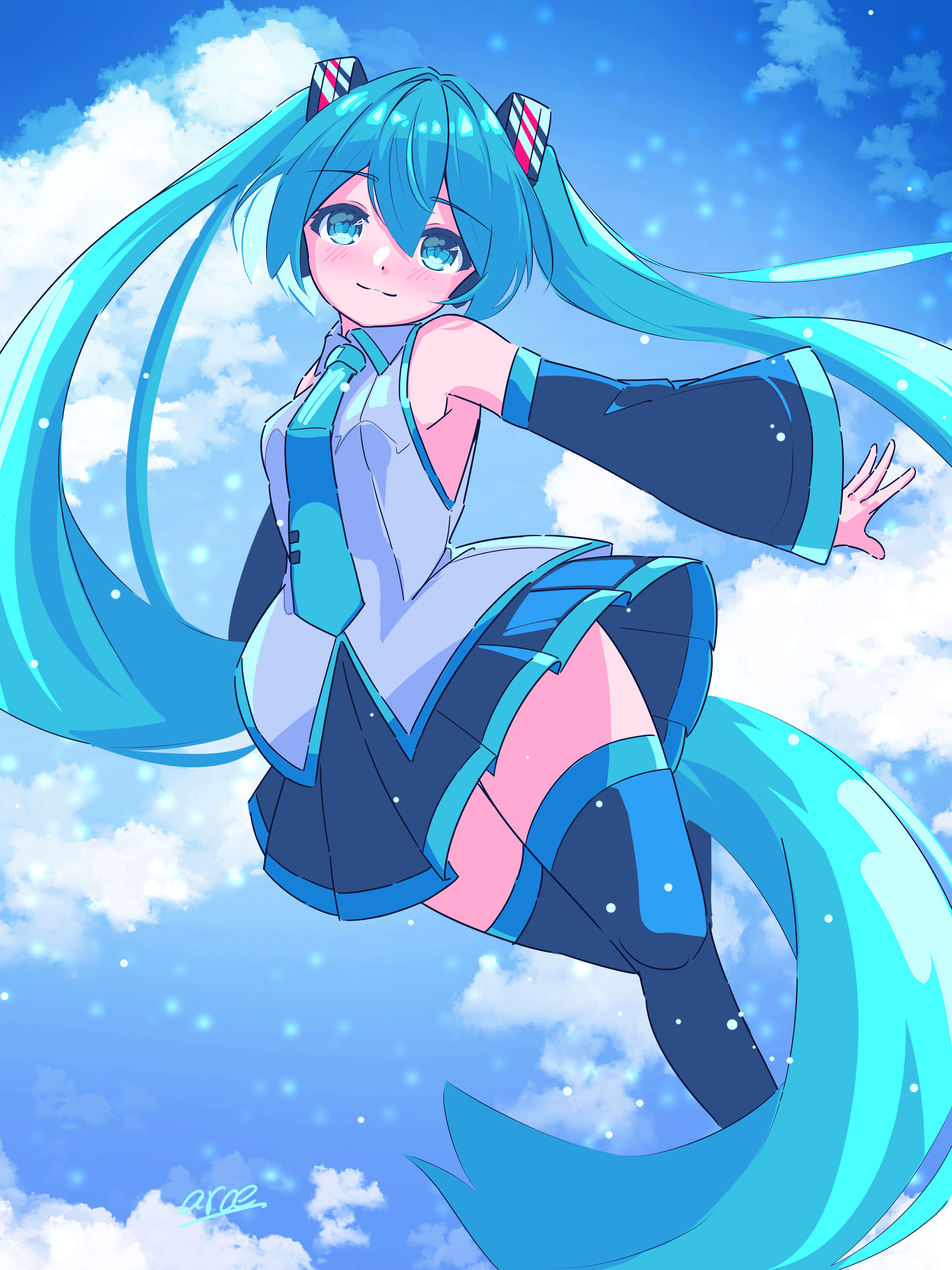 aroe (xx aroe xx), hatsune miku, vocaloid, absurdres, highres, 1girl, aqua eyes, aqua hair, aqua necktie, aqua trim, black skirt, blush, boots, breasts, cloud, cloudy sky, collared shirt, detached sleeves, grey shirt, hair between eyes, hair ornament, long hair, long sleeves, looking at viewer, medium breasts, miku day, necktie, pleated skirt, shirt, skirt, sky, sleeveless, sleeveless shirt, smile, solo, thigh boots, thighhighs, twintails, very long hair, wide sleeves, zettai ryouiki