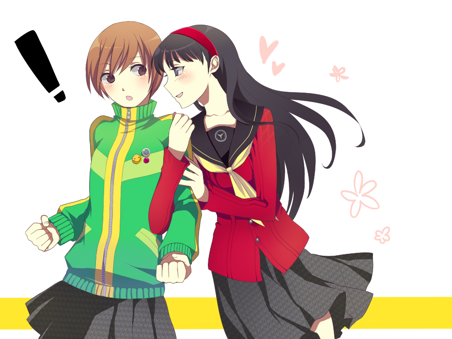 harano, amagi yukiko, satonaka chie, atlus, persona, persona 4, !, 2girls, black eyes, black hair, blush, brown eyes, brown hair, hairband, jacket, long hair, multiple girls, no legwear, school uniform, serafuku, short hair, smile, yuri