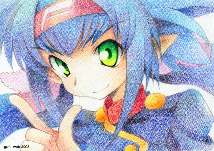 gofu, klan klein, macross, macross frontier, traditional media, 00s, 1girl, blue hair, blush, buttons, close-up, female focus, green eyes, headband, index finger raised, looking at viewer, military, military uniform, sidelocks, solo