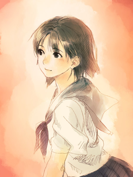 yuuki keisuke, original, 1girl, black skirt, blush, brown eyes, brown hair, female focus, from side, neckerchief, pleated skirt, sailor collar, school uniform, serafuku, skirt, smile, solo, upper body