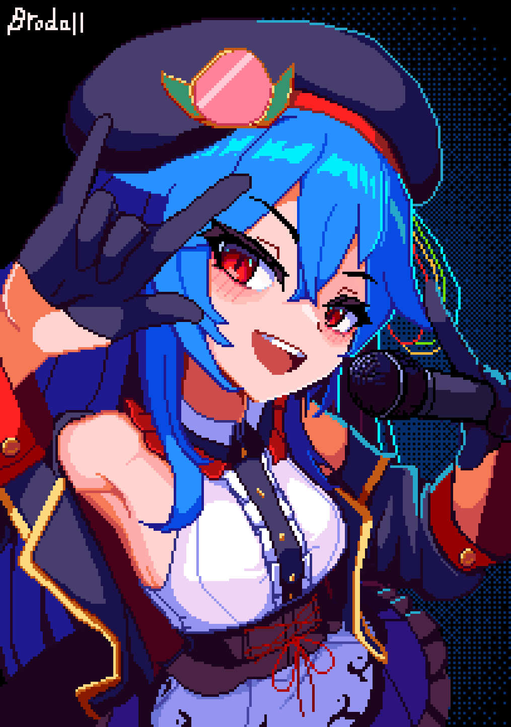 brodall pixel, hinanawi tenshi, touhou, commentary, highres, 1girl, m/, alternate costume, armpits, artist name, bare shoulders, black jacket, blue hair, blush, corset, gloves, hair between eyes, half gloves, hat, holding, holding microphone, idol, jacket, looking at viewer, microphone, open clothes, open jacket, open mouth, pixel art, red eyes, shirt, sleeveless, sleeveless shirt, smile, solo, teeth, upper body, upper teeth only, white shirt