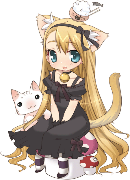 umehara emika, original, animal ears, aqua eyes, bell, cat, cat ears, cat tail, dress, food, hair ribbon, jingle bell, long hair, mushroom, ribbon, sitting, tail, transparent background, very long hair