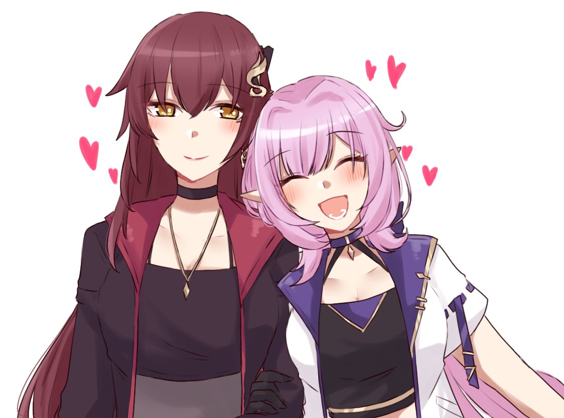 eden (honkai impact), elysia (honkai impact), honkai (series), honkai impact 3rd, commentary request, 2girls, black choker, black gloves, black jacket, black tank top, breasts, brown hair, choker, cleavage, couple, elf, gloves, hair ornament, heart, jacket, jewelry, large breasts, locked arms, long hair, multiple girls, necklace, official alternate costume, pink hair, pointy ears, purple choker, simple background, smile, tank top, toufu 0626, very long hair, white background, white jacket, yellow eyes, yuri