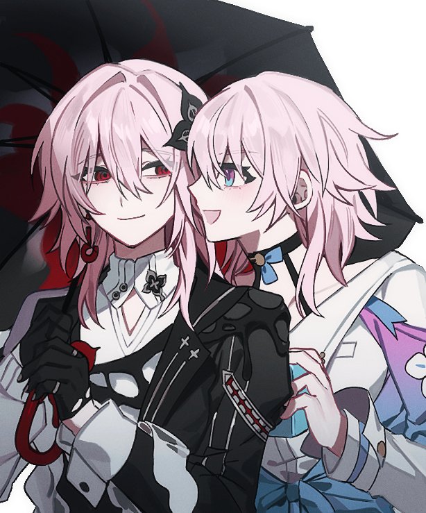 pin3909, evernight (honkai: star rail), march 7th (honkai: star rail), march 7th (preservation) (honkai: star rail), honkai: star rail, honkai (series), 2girls, :d, black choker, black dress, black gloves, choker, collar, dress, dual persona, earrings, flower, gloves, hair between eyes, hair flower, hair ornament, holding, holding umbrella, jacket, jewelry, light smile, medium hair, multicolored eyes, multicolored jacket, multiple girls, off shoulder, open mouth, pink hair, red eyes, shirt, single earring, smile, two-tone eyes, two-tone jacket, umbrella, upper body, white background, white collar, white shirt