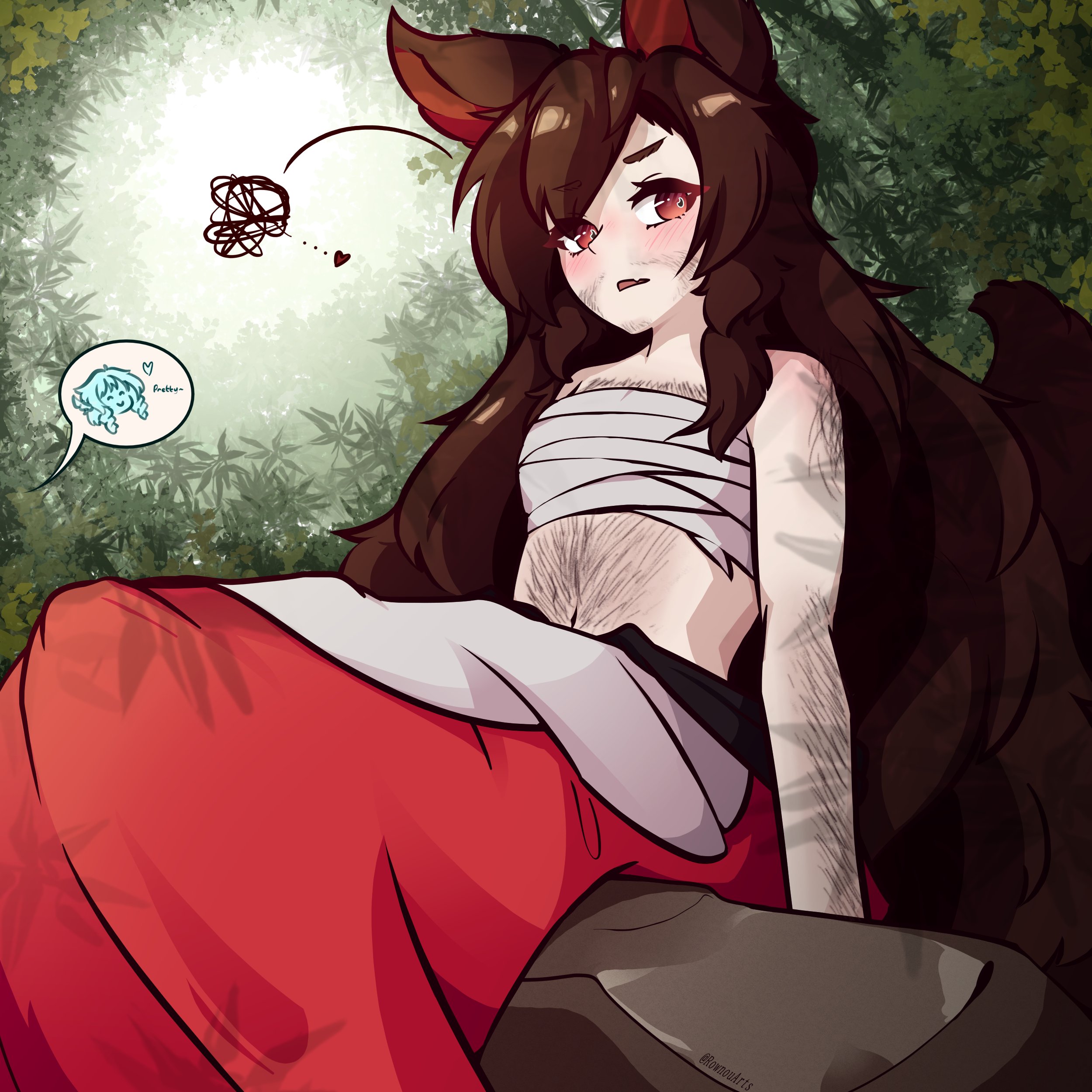 rownou, imaizumi kagerou, wakasagihime, touhou, absurdres, highres, 2girls, absurdly long hair, animal ears, annoyed, bamboo, bamboo forest, brown hair, brown tail, dress, forest, hairy, long hair, monster girl, multiple girls, nature, navel, partially undressed, red dress, red eyes, sarashi, stomach hair, tail, transformation, very long hair, werewolf, wolf ears, wolf tail