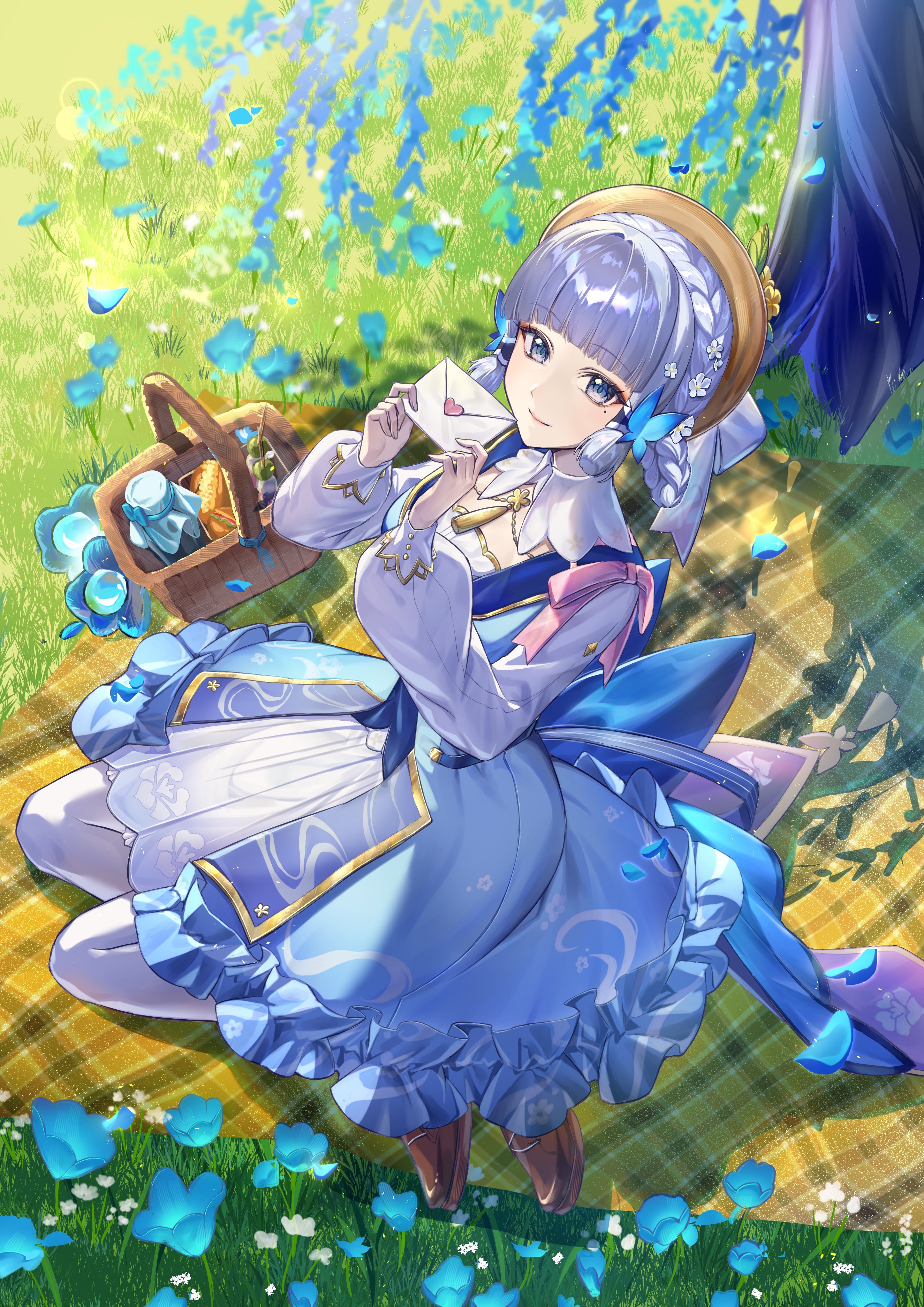 il0ha genshin, ayaka (genshin impact), kamisato ayaka, kamisato ayaka (springbloom missive), genshin impact, absurdres, commentary request, highres, 1girl, arched bangs, basket, blue dress, blue eyes, blue hair, blunt tresses, brown shoes, butterfly hair ornament, closed mouth, day, dress, envelope, grass, hair ornament, hands up, hat, heart, holding, holding envelope, long sleeves, looking at viewer, mole, mole under eye, official alternate costume, outdoors, pantyhose, shoes, sidelocks, sitting, smile, solo, white pantyhose, yokozuwari