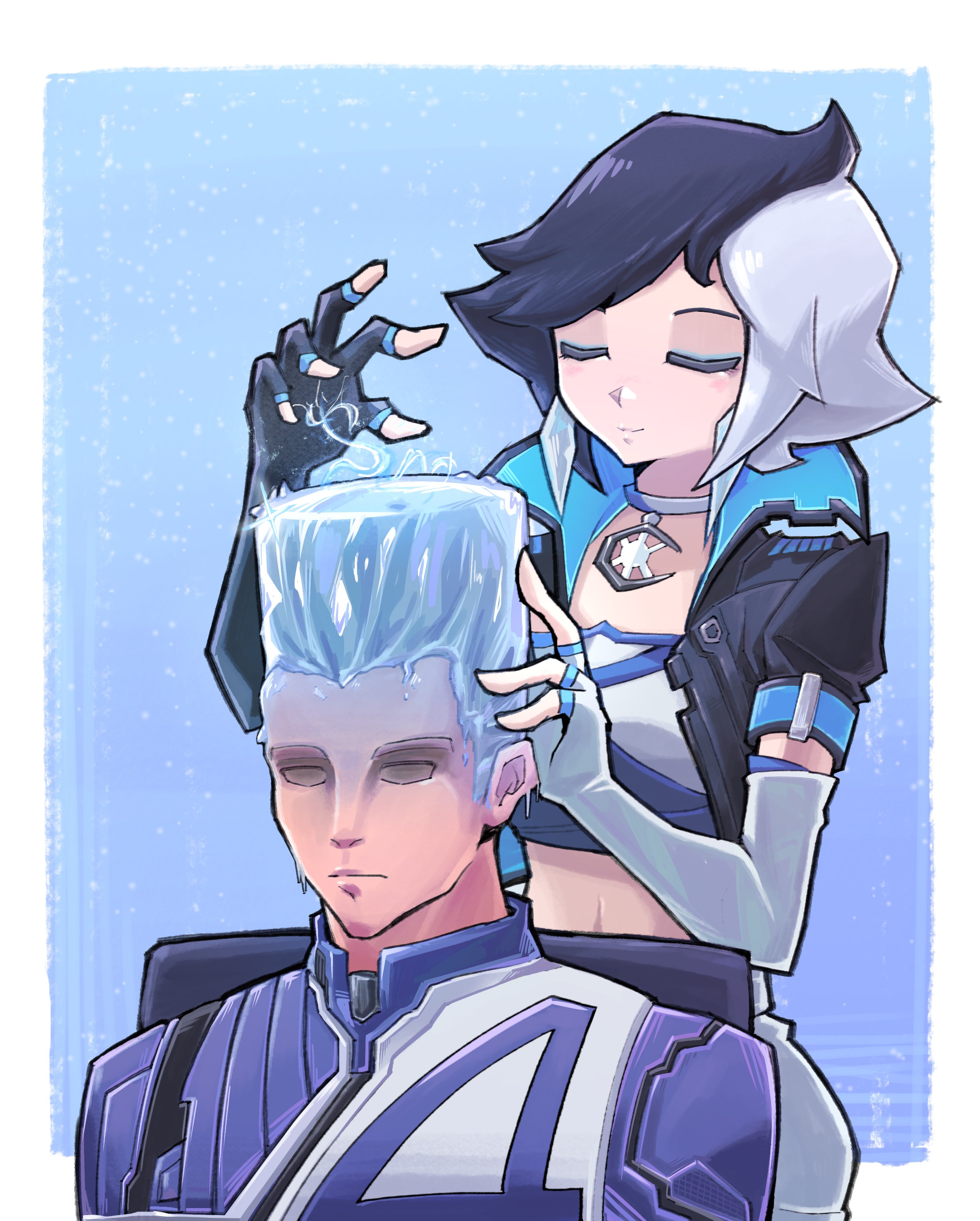johnny storm, luna snow, marvel, marvel rivals, absurdres, commentary, english commentary, highres, 1boy, 1girl, asymmetrical gloves, black gloves, black hair, black jacket, blue background, blue eyeshadow, bodysuit, border, closed eyes, cryokinesis, eyeshadow, fingerless gloves, gloves, hebinalmeog, ice hair, jacket, makeup, meme, meme request, midriff, mismatched gloves, multicolored hair, popped collar, short hair, two-tone hair, upper body, white bodysuit, white border, white gloves, white hair