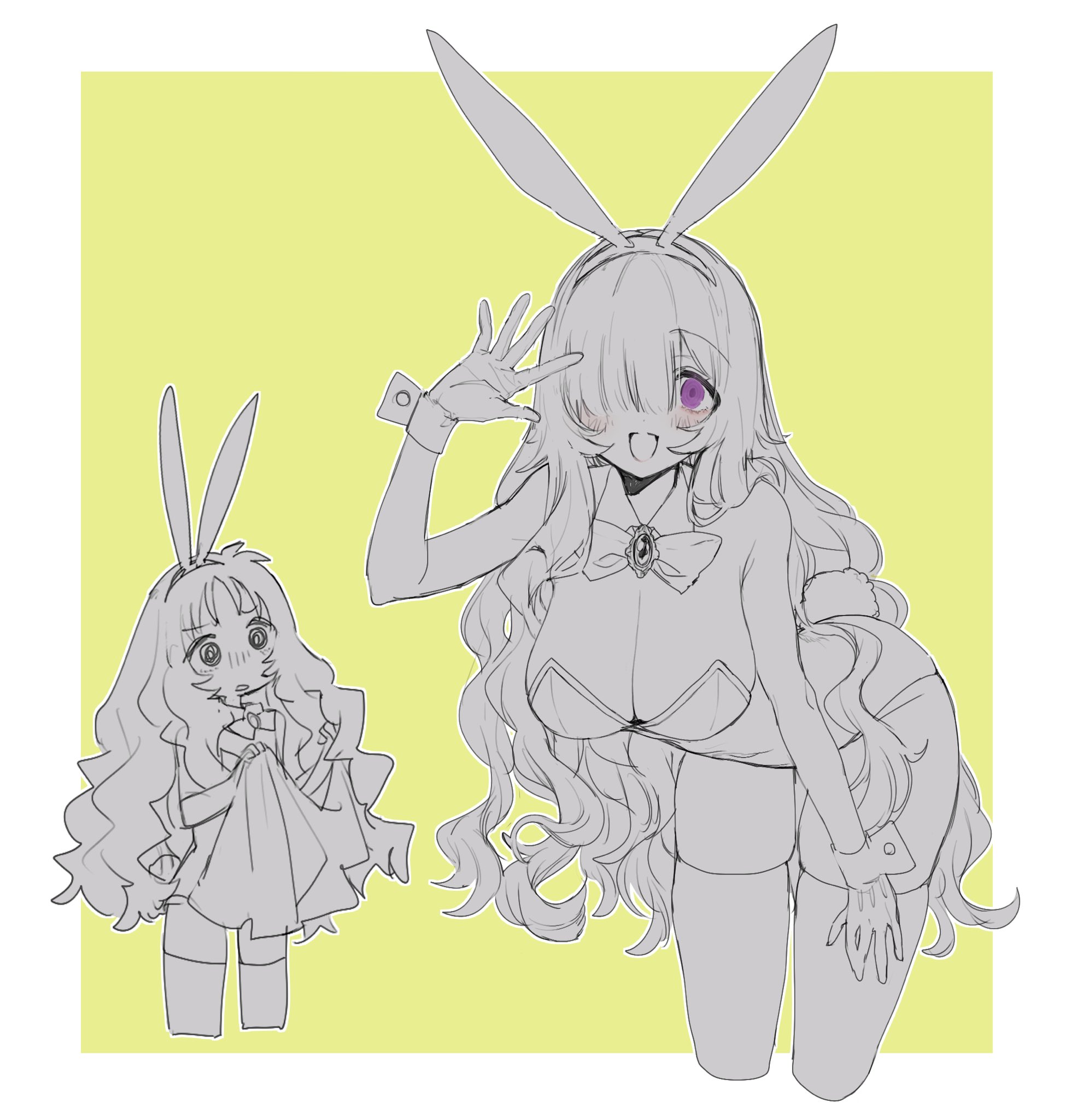 eurasia (wtp09ptw14), francoise (eurasia), original, commentary request, highres, 2girls, :d, animal ear hairband, animal ears, border, bow, bowtie, breasts, brooch, cleavage, cropped legs, detached collar, fake animal ears, fake tail, greyscale with colored background, hair over one eye, hairband, hand up, jewelry, large breasts, leaning forward, leotard, long hair, looking at viewer, multiple girls, one eye covered, open mouth, outside border, parted bangs, playboy bunny, purple eyes, rabbit ear hairband, rabbit ears, rabbit tail, sketch, smile, spot color, strapless, strapless leotard, tail, thighhighs, wavy hair, white border, wrist cuffs, yellow background