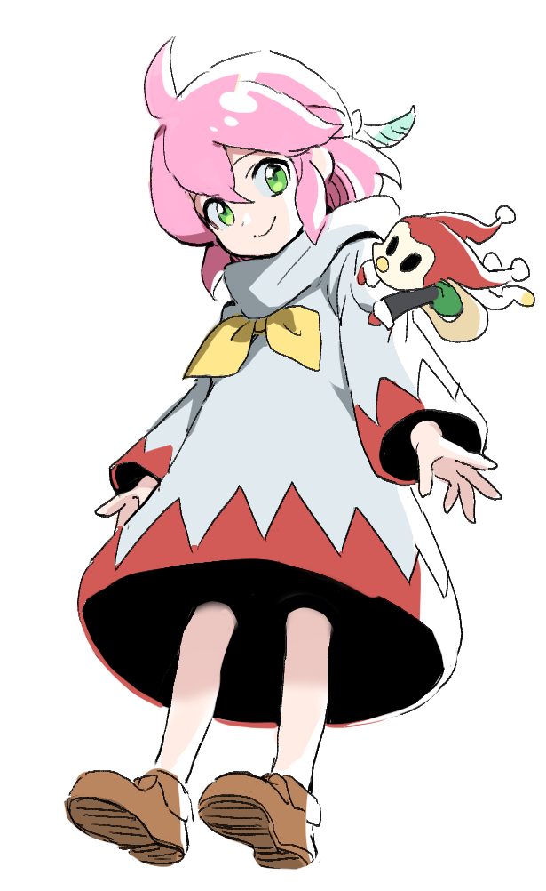 dede (qwea 00000), white mage (final fantasy), final fantasy, ahoge, brown shoes, closed mouth, full body, green eyes, hair between eyes, hair ornament, hat, hood, hood down, hooded robe, jester cap, leaf hair ornament, long sleeves, medium hair, neckerchief, pink hair, red trim, robe, shoes, sidelocks, smile, white background, yellow neckerchief