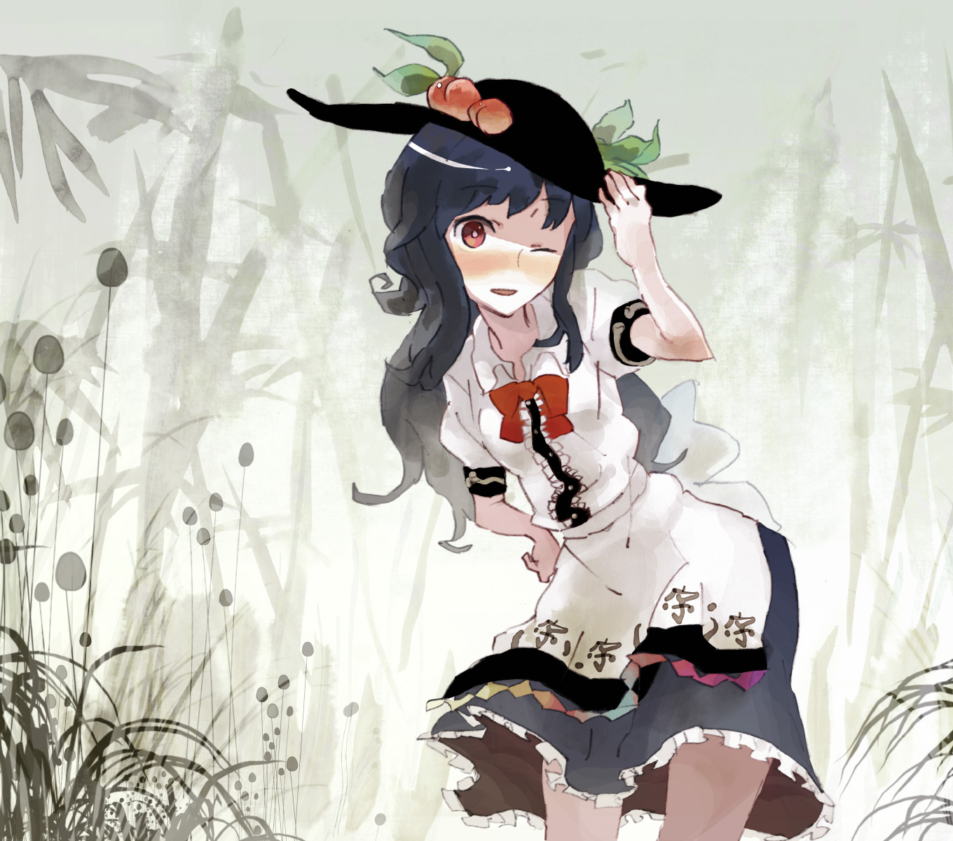 kaiza, nirmeli, hinanawi tenshi, touhou, highres, 1girl, blue hair, female focus, food, fruit, hat, long hair, one eye closed, peach, plant, red eyes, ribbon, solo, wink