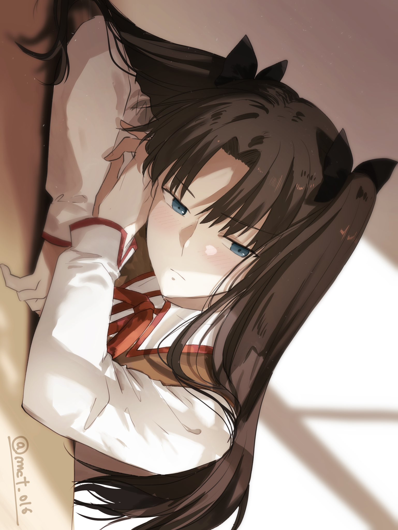 mct, tohsaka rin, fate/stay night, fate (series), commentary request, highres, 1girl, black bow, black hair, blue eyes, blush, bow, brown vest, closed mouth, hair bow, homurabara academy school uniform, long hair, long sleeves, neck ribbon, parted bangs, red ribbon, ribbon, school uniform, shirt, solo, table, twitter username, two side up, vest, white shirt