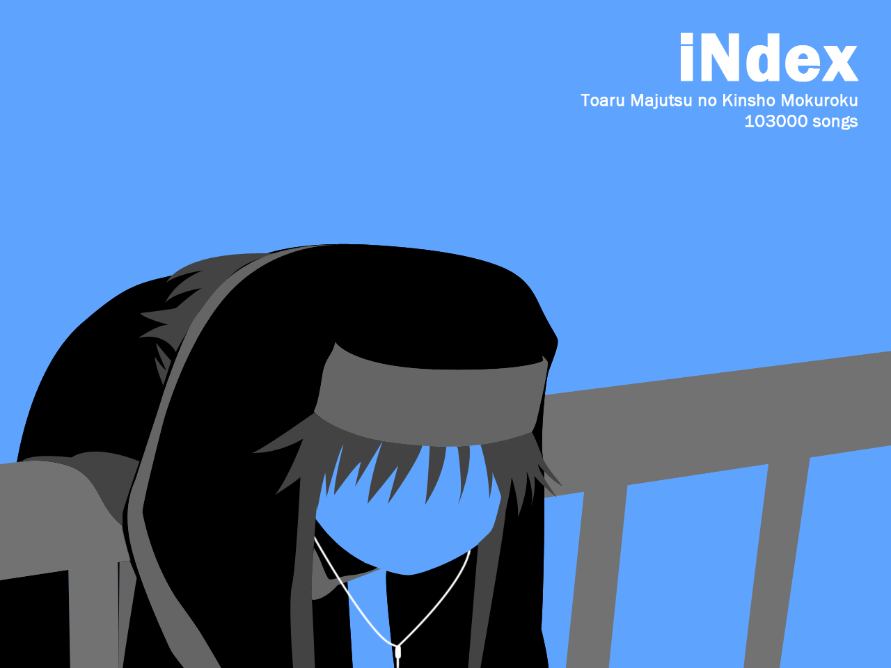 jigoku inu, index (toaru majutsu no index), toaru majutsu no index, blue theme, digital media player, earphones, ipod, ipod ad, monochrome, parody, solo