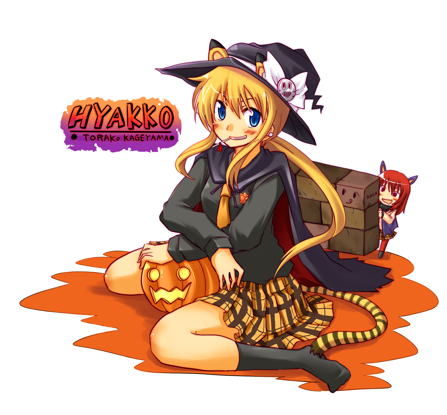 pikachi, andou nene, kageyama torako, hyakko, highres, 00s, 2girls, animal ears, cape, character name, copyright name, ears through headwear, halloween, hat, jack-o'-lantern, kneehighs, multiple girls, plaid clothes, plaid skirt, pumpkin, school uniform, serafuku, skirt, socks, tail, witch hat