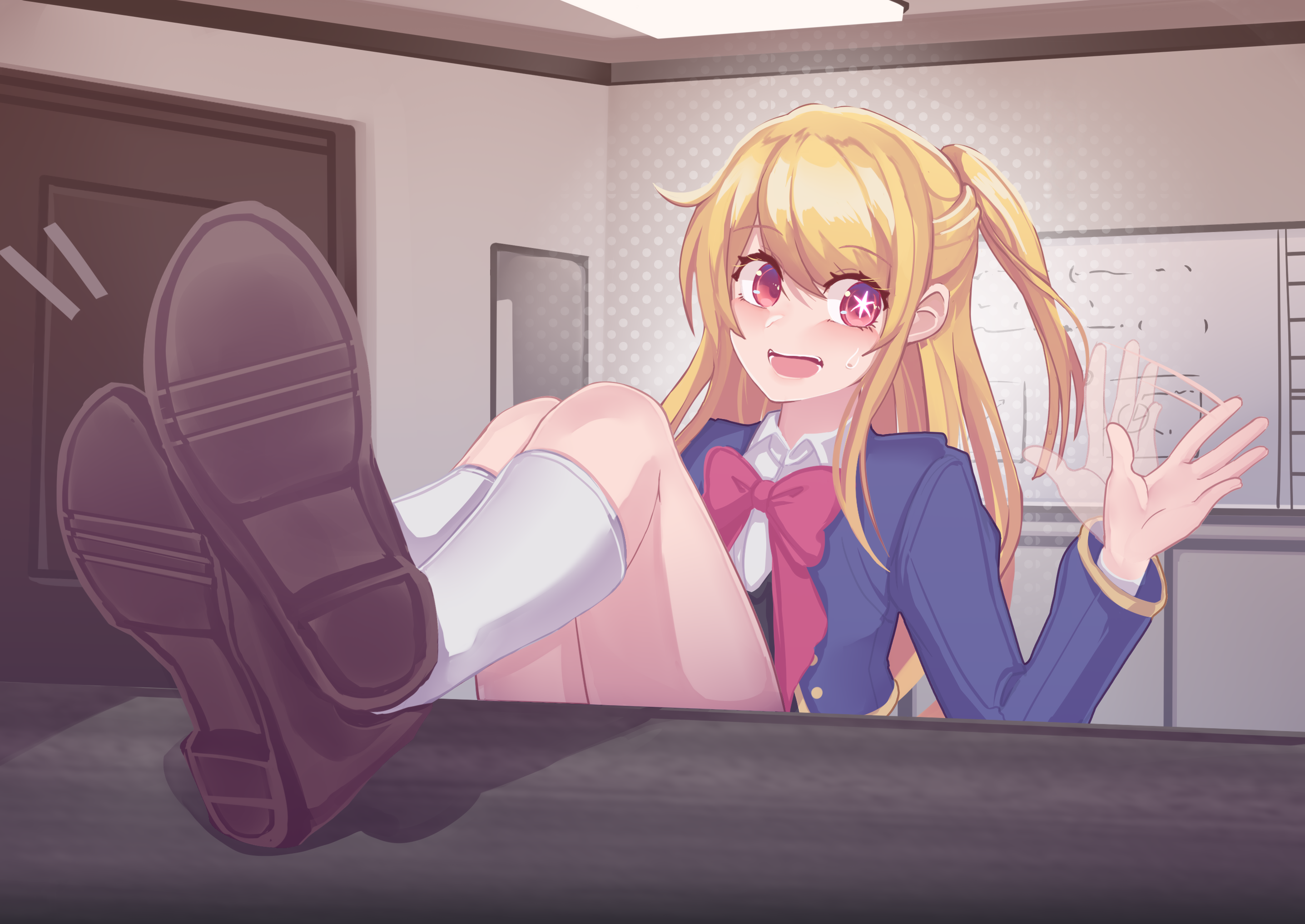 galiter, hoshino ruby, oshi no ko, highres, 1girl, blonde hair, feet on table, long hair, looking at viewer, open mouth, red eyes, shoes, side ponytail, socks, waving, white socks