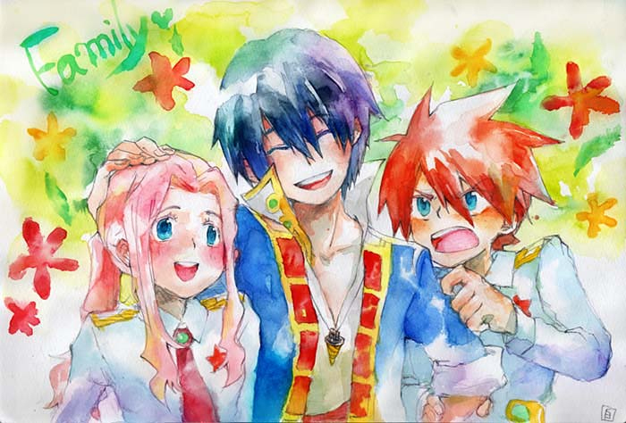 darry adai, gimmy adai, simon (ttgl), tengen toppa gurren lagann, 00s, 1girl, 2boys, blue eyes, blue hair, closed eyes, jealous, multiple boys, pink hair, smile