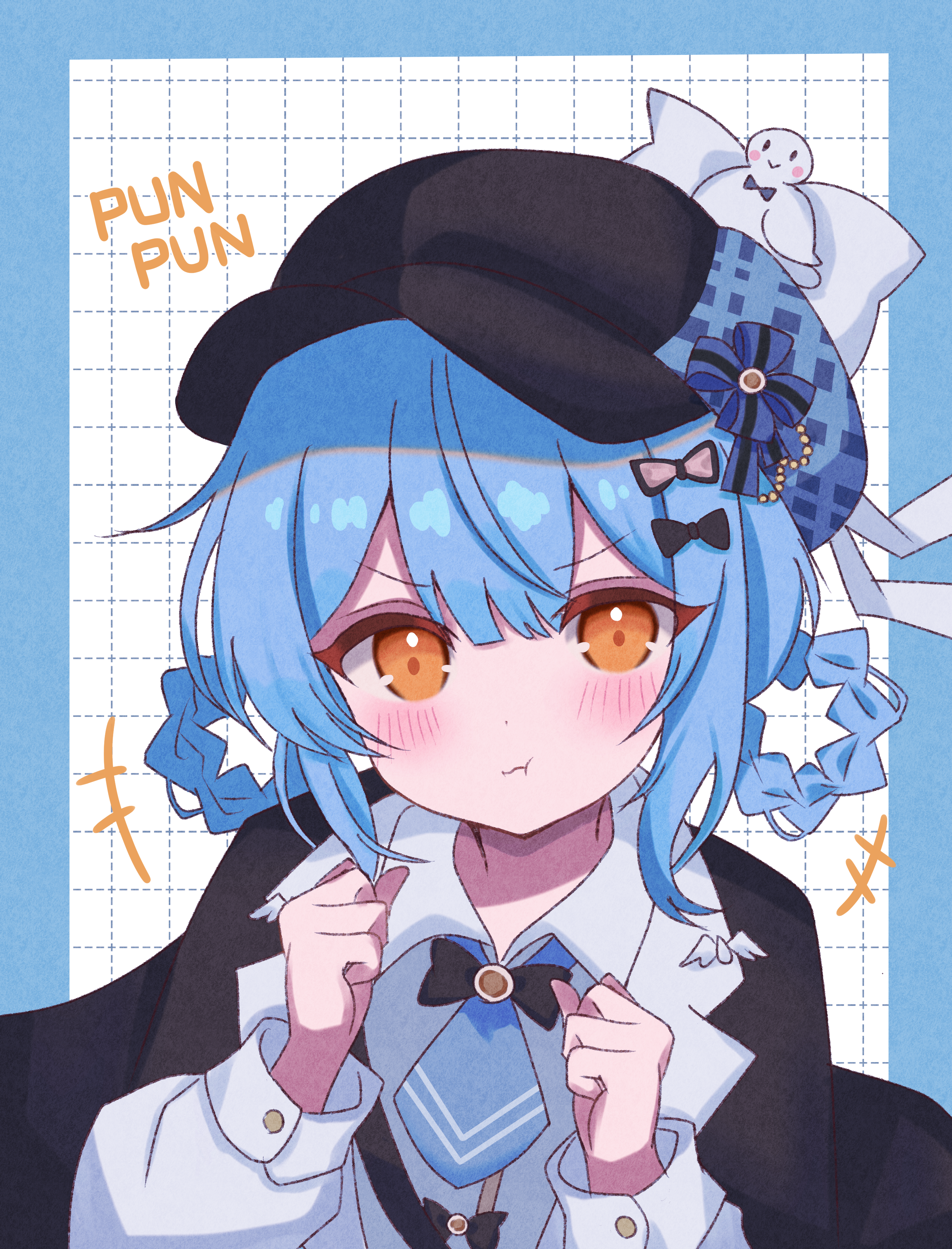 yua 666666, tachibana sherry, mahou shoujo no majo saiban, absurdres, commentary request, highres, 1girl, black bow, black capelet, black hat, blue border, blue hair, blue necktie, blush, border, bow, braid, braided hair rings, capelet, clenched hands, closed mouth, collared shirt, detective, furrowed brow, hair bow, hair rings, hands up, hat, long sleeves, looking at viewer, magical girl, necktie, pout, romaji text, shirt, short hair, solo, upper body