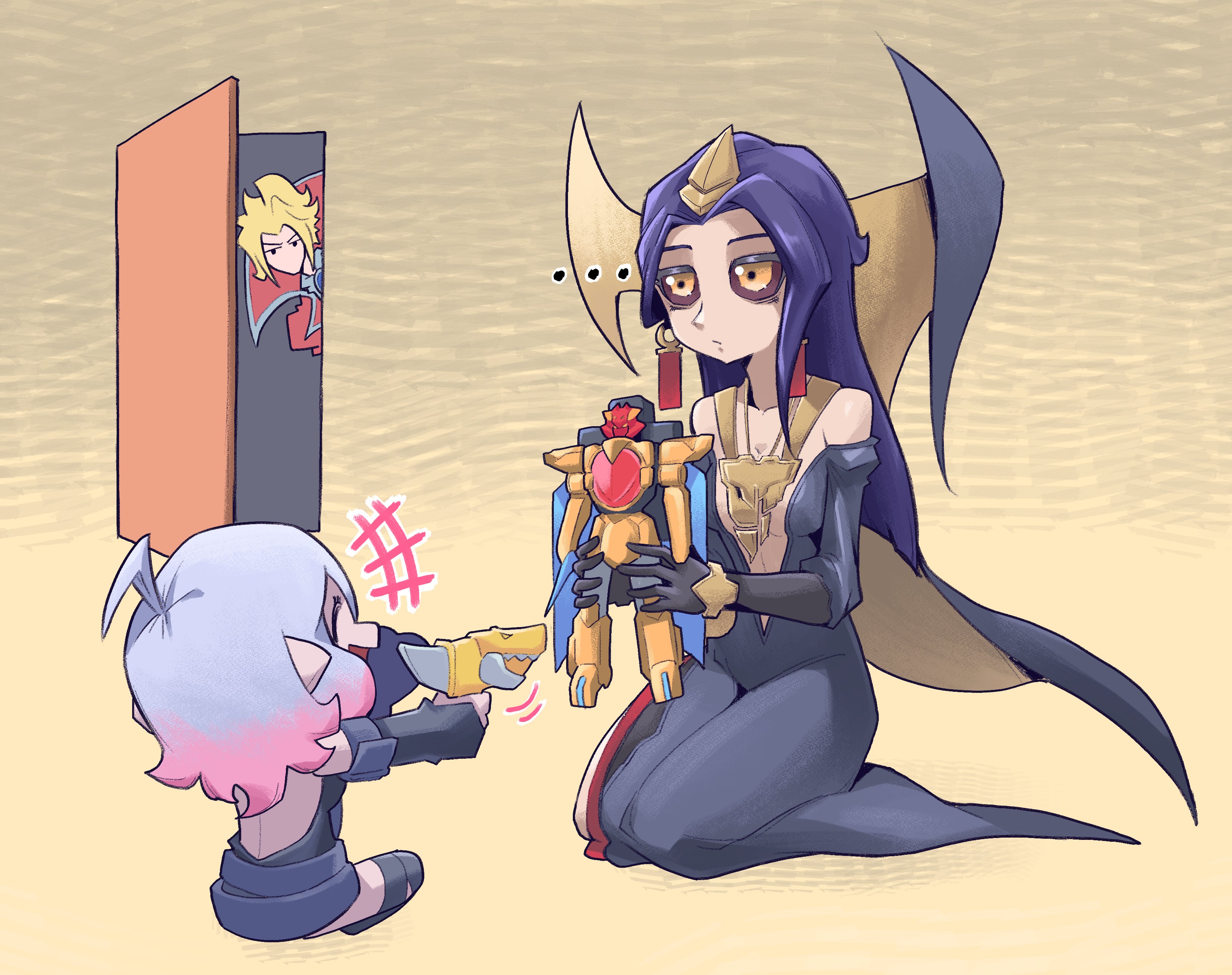 briar (league of legends), leblanc (league of legends), tega sword red, league of legends, no.1 sentai gozyuger, super sentai, absurdres, character request, commentary, english commentary, highres, …, black dress, brown sclera, colored sclera, dress, gradient hair, hebinalmeog, holding, holding toy, kneeling, long hair, motion lines, multicolored hair, open door, pink hair, purple hair, toy, white hair