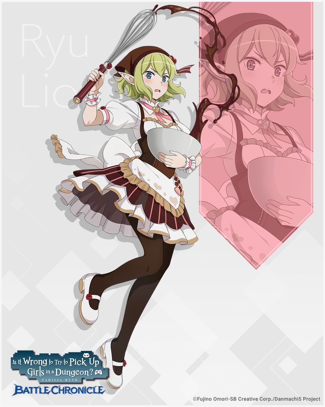 ryu lion, danmachi battle chronicle, dungeon ni deai wo motomeru no wa machigatteiru darou ka, commentary, english commentary, highres, official art, second-party source, 1girl, anime coloring, apron, blue eyes, blush, bowl, breasts, brown headscarf, brown pantyhose, character name, chocolate, copyright name, copyright notice, dirndl, dress, elf, embarrassed, flower, flower ornament, frilled dress, frilled wrist cuffs, frills, full body, german clothes, green hair, hand up, headscarf, heart, heart print, holding, holding bowl, holding whisk, looking at viewer, mixing bowl, multicolored dress, official alternate costume, pantyhose, parted lips, peanut mouth, pointy ears, puffy short sleeves, puffy sleeves, red flower, red rose, rose, shoes, short hair, short sleeves, small breasts, solo, waist apron, whisk, white dress, white shoes, wrist cuffs