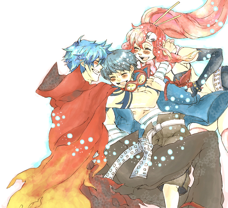 kamina (ttgl), simon (ttgl), yoko littner, tengen toppa gurren lagann, 00s, 1girl, 2boys, blue hair, blush, cape, closed eyes, cloud, long hair, multiple boys, red hair, sarashi, smile