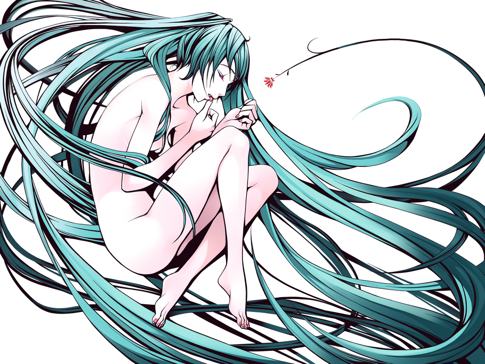 torigoe takumi, hatsune miku, shiningray (vocaloid), vocaloid, 1girl, absurdly long hair, aqua hair, barefoot, closed eyes, feet, female focus, flower, full body, long hair, nude, solo, twintails, very long hair