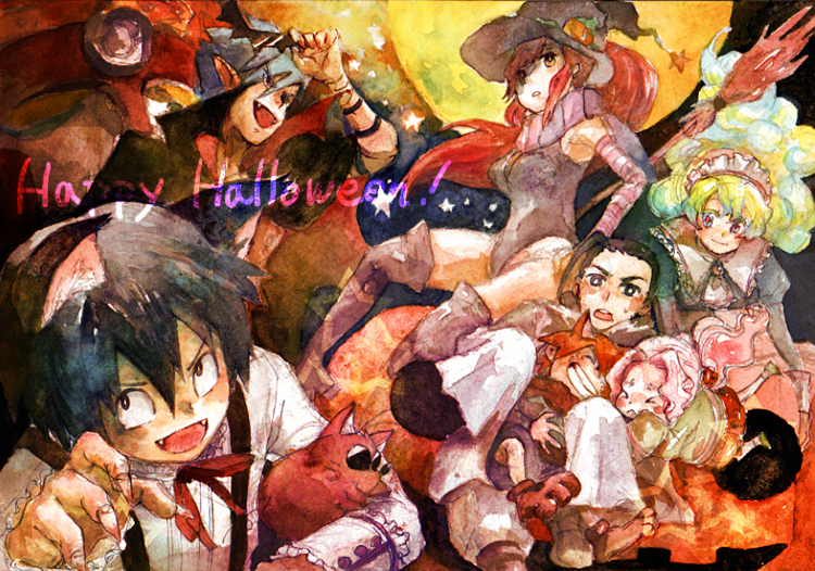 boota (ttgl), darry adai, gimmy adai, kamina (ttgl), nia teppelin, rossiu adai, simon (ttgl), yoko littner, tengen toppa gurren lagann, 00s, 3girls, 4boys, alternate costume, animal ears, halloween, hat, multiple boys, multiple girls, thighhighs, vampire, witch, witch hat