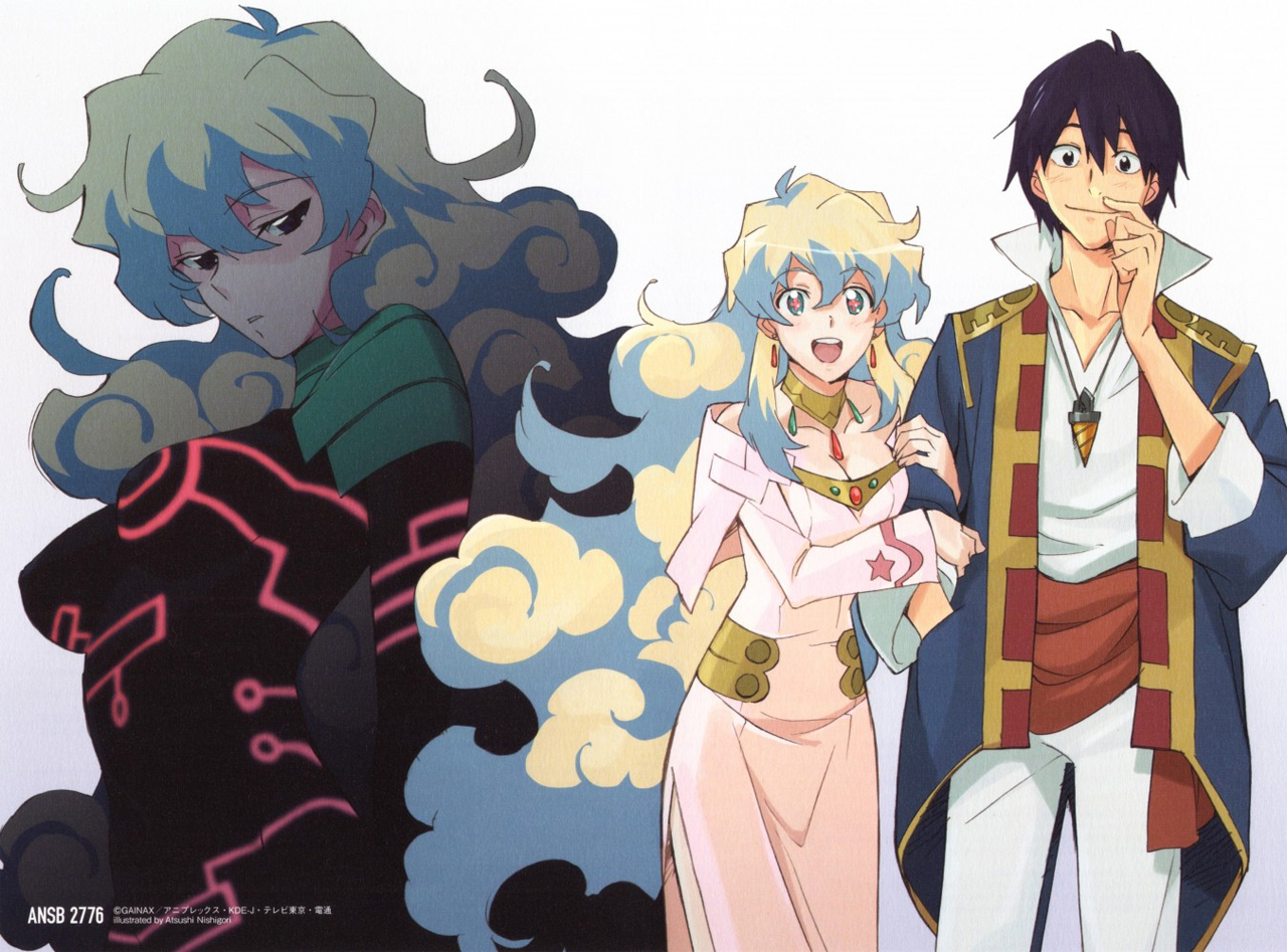 nia teppelin, simon (ttgl), tengen toppa gurren lagann, + +, 00s, 1boy, 1girl, :d, black hair, blonde hair, blue eyes, blue hair, blush, breasts, couple, cross-shaped pupils, dress, large breasts, looking at viewer, military, multicolored hair, open mouth, pink dress, red eyes, simple background, smile, symbol-shaped pupils, two-tone hair, white background