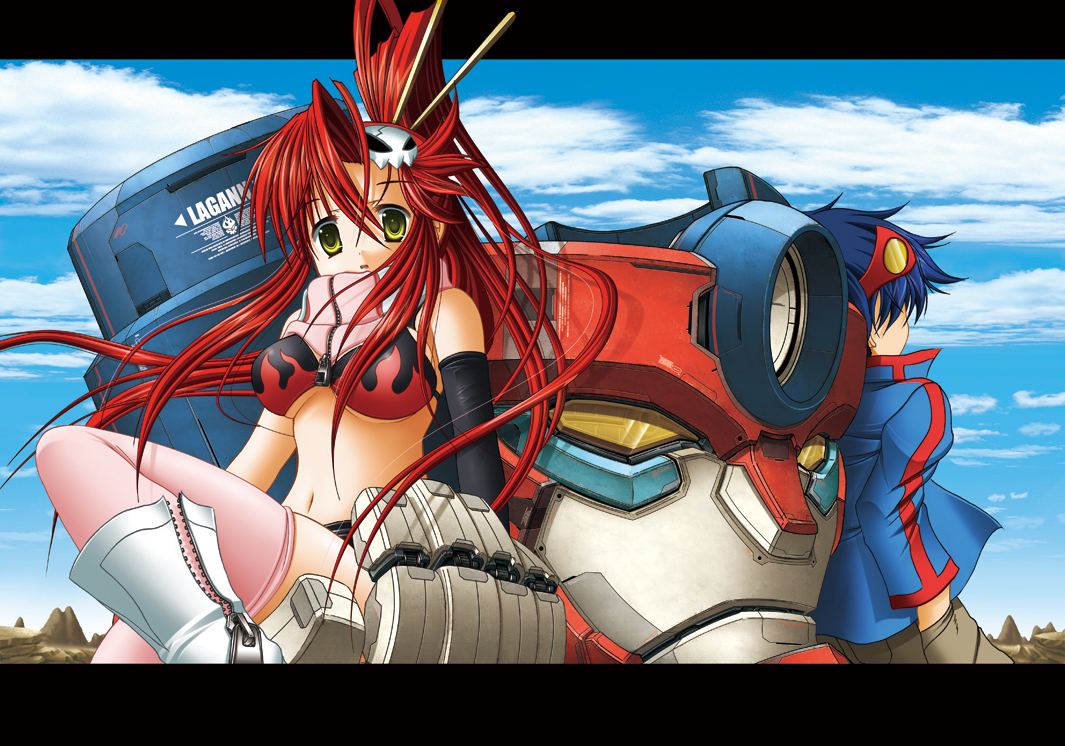 ebisu (amagi seitetsujo), ebisu (artist), gurren, lagann, simon (ttgl), yoko littner, tengen toppa gurren lagann, 00s, 1boy, 1girl, bikini, bikini top only, blue hair, cloud, day, elbow gloves, gloves, goggles, goggles on head, long hair, ponytail, red hair, scarf, short hair, short shorts, shorts, sky, swimsuit, thighhighs, yellow eyes