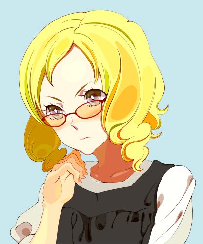 kaiza, nirmeli, original, lowres, 1girl, blonde hair, female focus, glasses, purple eyes, solo