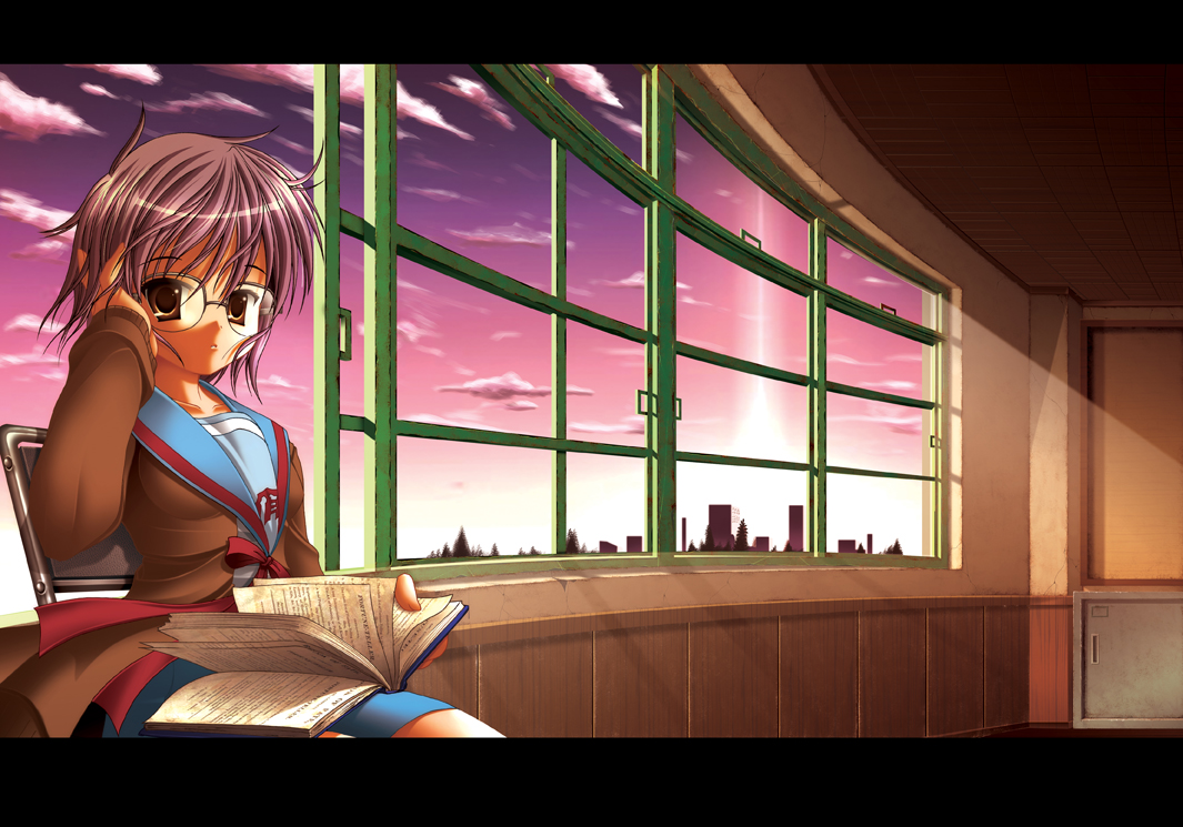 ebisu (amagi seitetsujo), ebisu (artist), nagato yuki, suzumiya haruhi no yuuutsu, 00s, 1girl, book, cardigan, female focus, glasses, purple hair, school uniform, serafuku, short hair, sitting, solo, yellow eyes