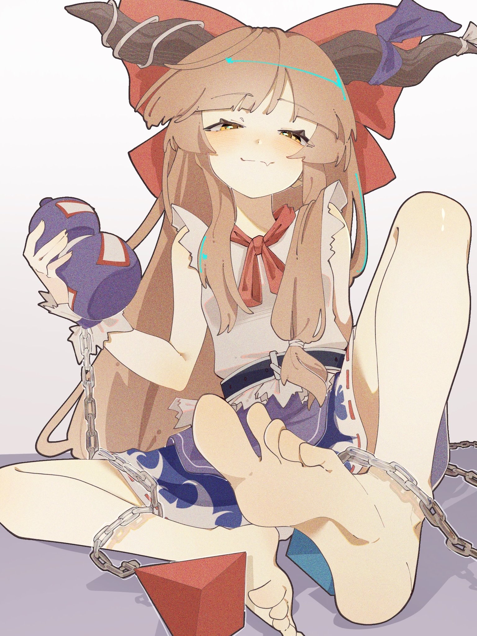 nanashi 1104, ibuki suika, touhou, commentary, highres, 1girl, bare shoulders, barefoot, blue skirt, blush, bow, chain, closed mouth, fang, feet, foot focus, gourd, holding, holding gourd, horn ornament, horn ribbon, horns, long hair, looking at viewer, orange eyes, orange hair, red bow, ribbon, shirt, skin fang, skirt, sleeveless, sleeveless shirt, smile, solo, white shirt, wrist cuffs