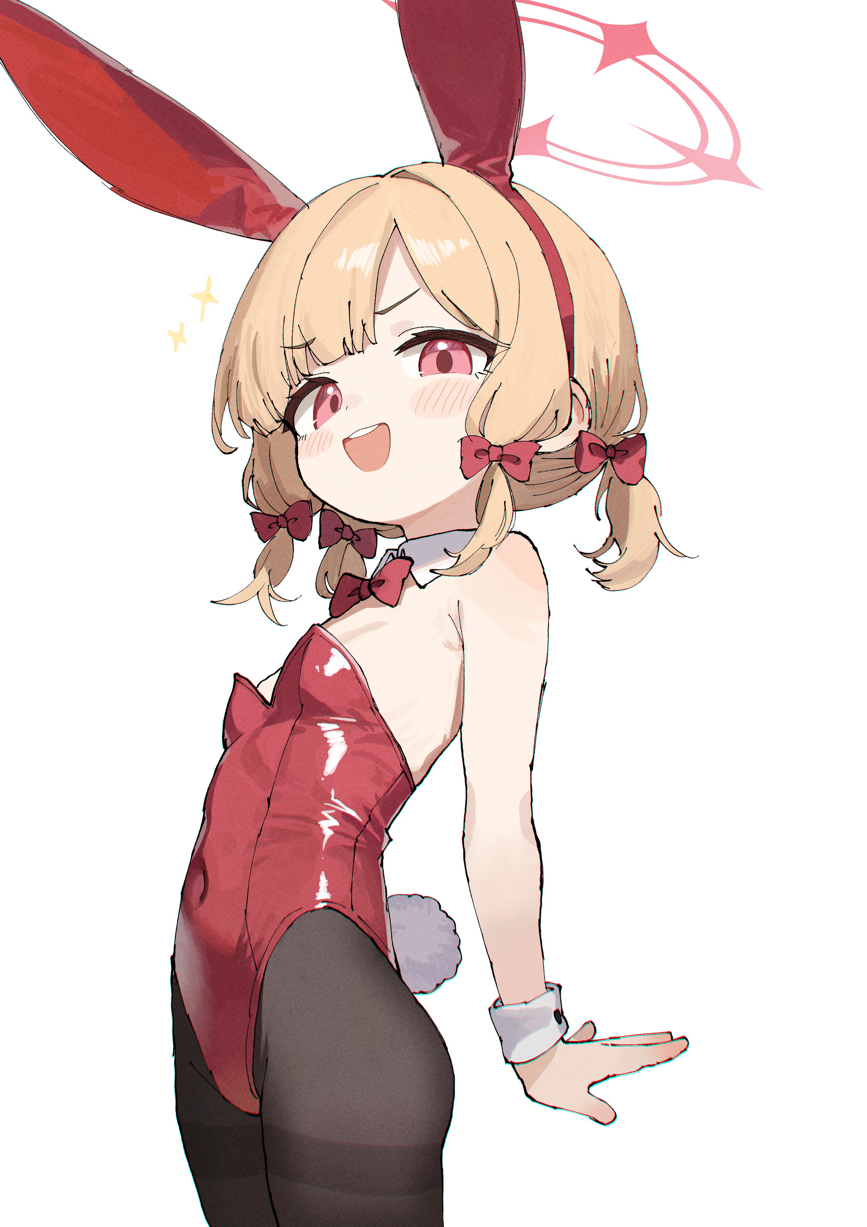 delfino, momoi (blue archive), blue archive, absurdres, highres, 1girl, :d, animal ears, arm at side, asymmetrical bangs, backless leotard, bare shoulders, black pantyhose, blonde hair, blush, bow, bowtie, breasts, covered navel, cowboy shot, detached collar, fake animal ears, fake tail, from side, hair bow, halo, highleg, highleg leotard, leotard, looking at viewer, low-tied sidelocks, open mouth, outstretched arms, oversized breast cup, pantyhose, pink halo, playboy bunny, rabbit ears, rabbit tail, red bow, red bowtie, red eyes, red leotard, short twintails, sidelocks, simple background, small breasts, smile, solo, sparkle, standing, strapless, strapless leotard, tail, teeth, thighband pantyhose, thighs, twintails, upper teeth only, white background, white wrist cuffs, wrist cuffs