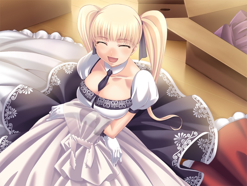 tasaka shinnosuke, reira delius, akatsuki works black, minzoku injou, game cg, 1girl, blonde hair, box, breasts, cleavage, closed eyes, dress, female focus, gloves, large breasts, necktie, short twintails, smile, solo, twintails