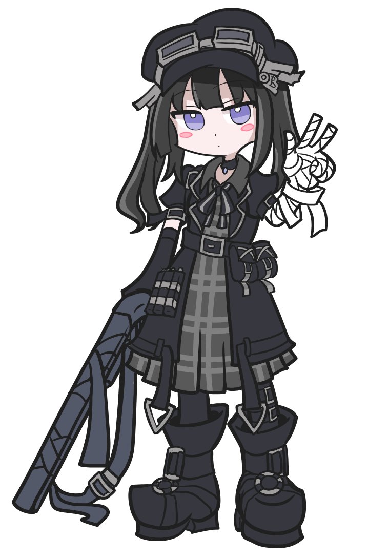 shinmon akika, mahou shoujo no majo saiban, puyopuyo, commentary request, 1girl, ammunition pouch, bandaged arm, bandages, black boots, black choker, black hair, black hat, black jacket, black ribbon, blunt bangs, blush stickers, boots, choker, closed mouth, dress, expressionless, full body, goggles, goggles on headwear, grey dress, gun, hat, holding, holding weapon, jacket, kurobe nanoka, long hair, long sleeves, looking at viewer, magical girl, neck ribbon, parody, pouch, purple eyes, ribbon, rifle, simple background, solo, standing, style parody, takenami hideyuki (style), twintails, weapon, white background