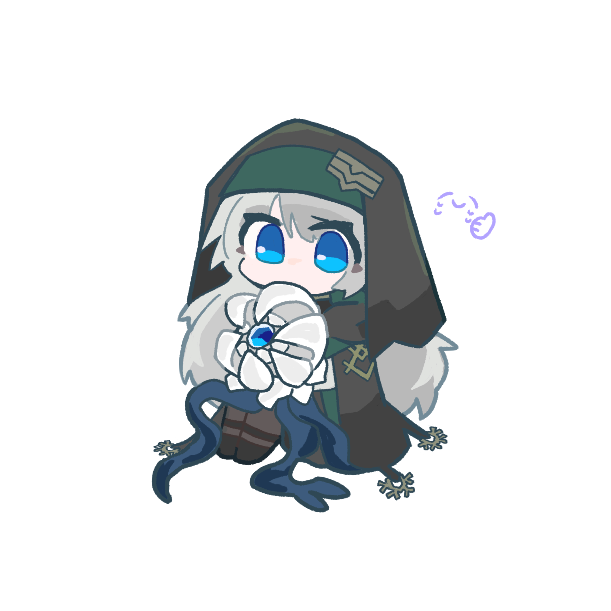 clear all ralm, seaborn (arknights), arknights, limbus company, project moon, 1girl, blue eyes, chibi, chibi inset, deep sea slider (arknights), emoji, holding, hood, long hair, mayors (arknights), robe, smile, thumbs up, white background, white hair