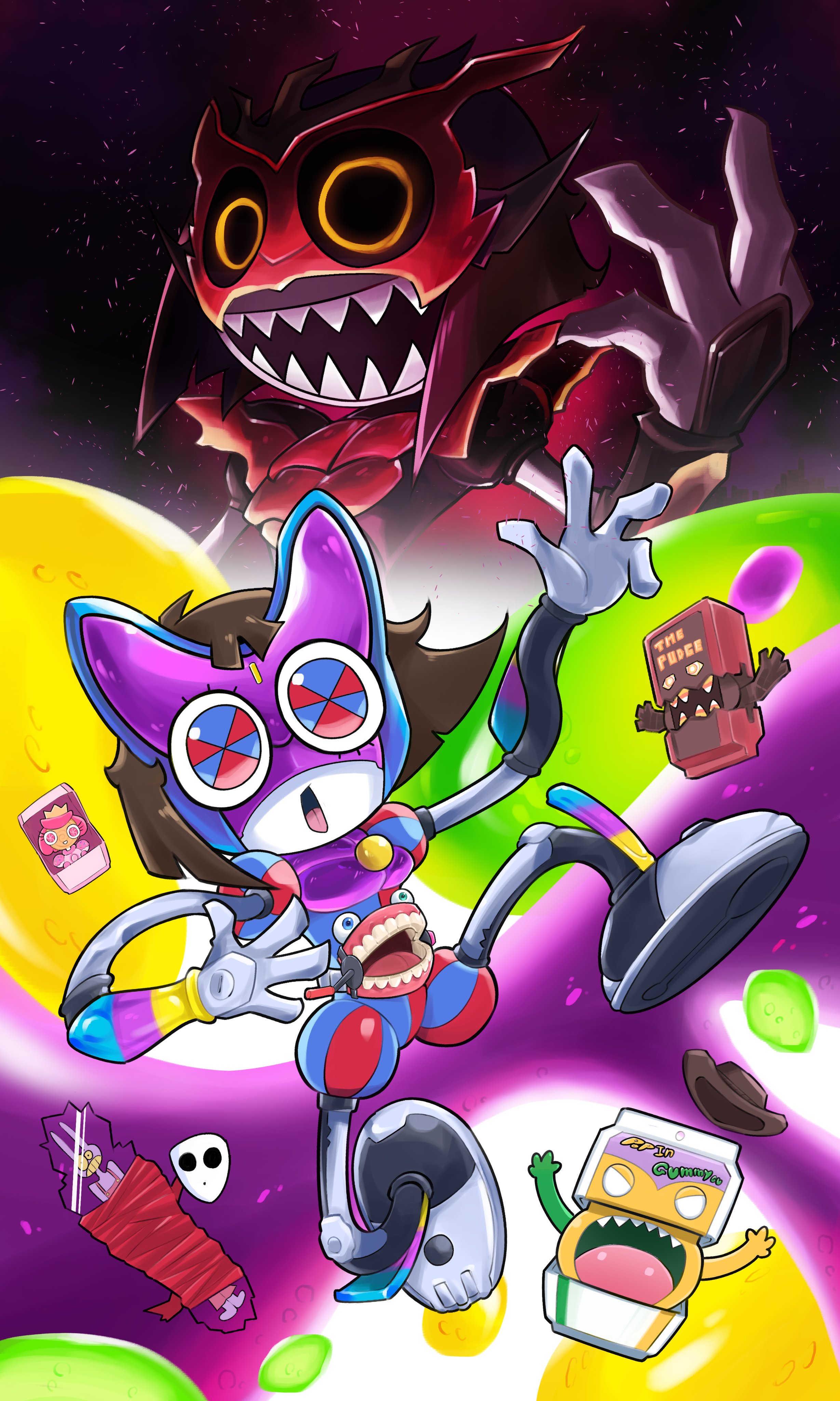 gummigoo, jax (the amazing digital circus), kamen rider bitter gavv, kamen rider gavv, kamen rider gavv (poppingummy form), pomni (the amazing digital circus), kamen rider, kamen rider gavv (series), the amazing digital circus, absurdres, character request, commentary, english commentary, highres, armor, brown hair, candy, candy corn, chocodan (brown chocolate), cosplay, crossover, food, gochizo, hebinalmeog, kamen rider bitter gavv (cosplay), kamen rider bitter gavv (sparkingummy form), kamen rider gavv (cosplay), looking at viewer, open mouth, poppingummy, poster parody, purple armor, red armor, sharp teeth, teeth, tokusatsu