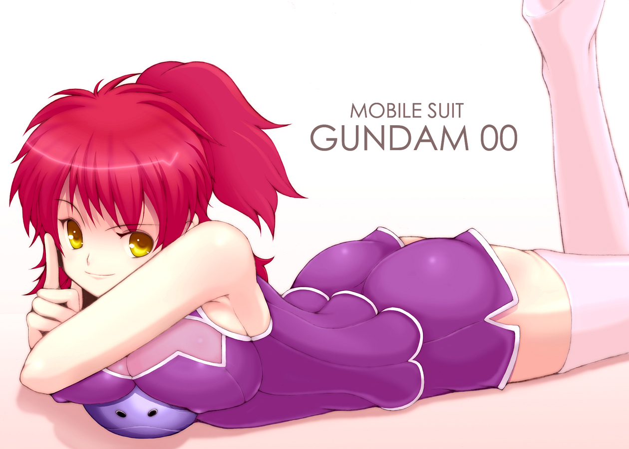 kannagi kaname, bad haro, nena trinity, gundam, gundam 00, bad id, bad pixiv id, 00s, ass, red hair, shorts, side ponytail, smirk, solo, thighhighs, yellow eyes