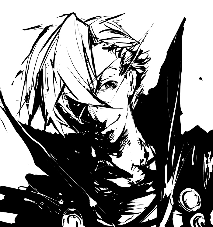 kamina (ttgl), tengen toppa gurren lagann, 00s, 1boy, cape, glasses, greyscale, kamina shades, male focus, monochrome, smile, solo, triangular eyewear