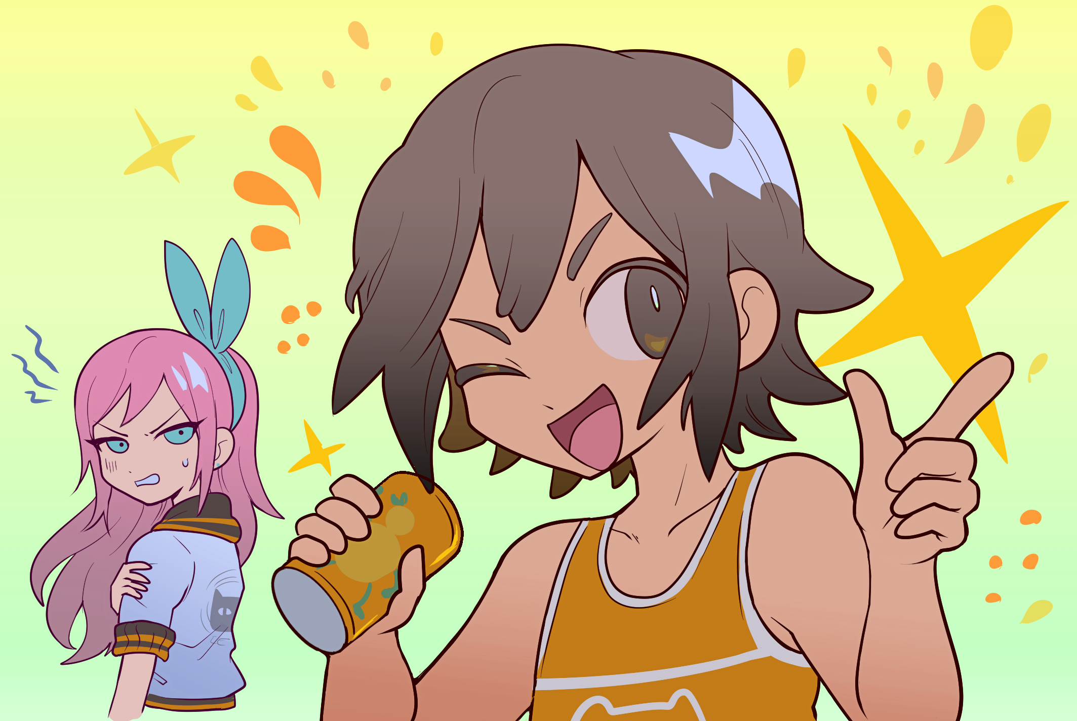 g tsurius, aubrey (faraway) (omori), aubrey (omori), kel (faraway) (omori), kel (omori), oragne joe (omori), omori, highres, 1boy, 1girl, alternate eye color, blue eyes, blue hairband, bright pupils, brown eyes, brown hair, can, collarbone, dark-skinned male, dark skin, double-parted bangs, gradient background, hairband, hand on own arm, holding, holding can, index finger raised, jacket, long hair, looking at another, looking at viewer, open mouth, parted lips, pink hair, short-sleeved jacket, short hair, short sleeves, sidelocks, smile, sweatdrop, white jacket, white pupils